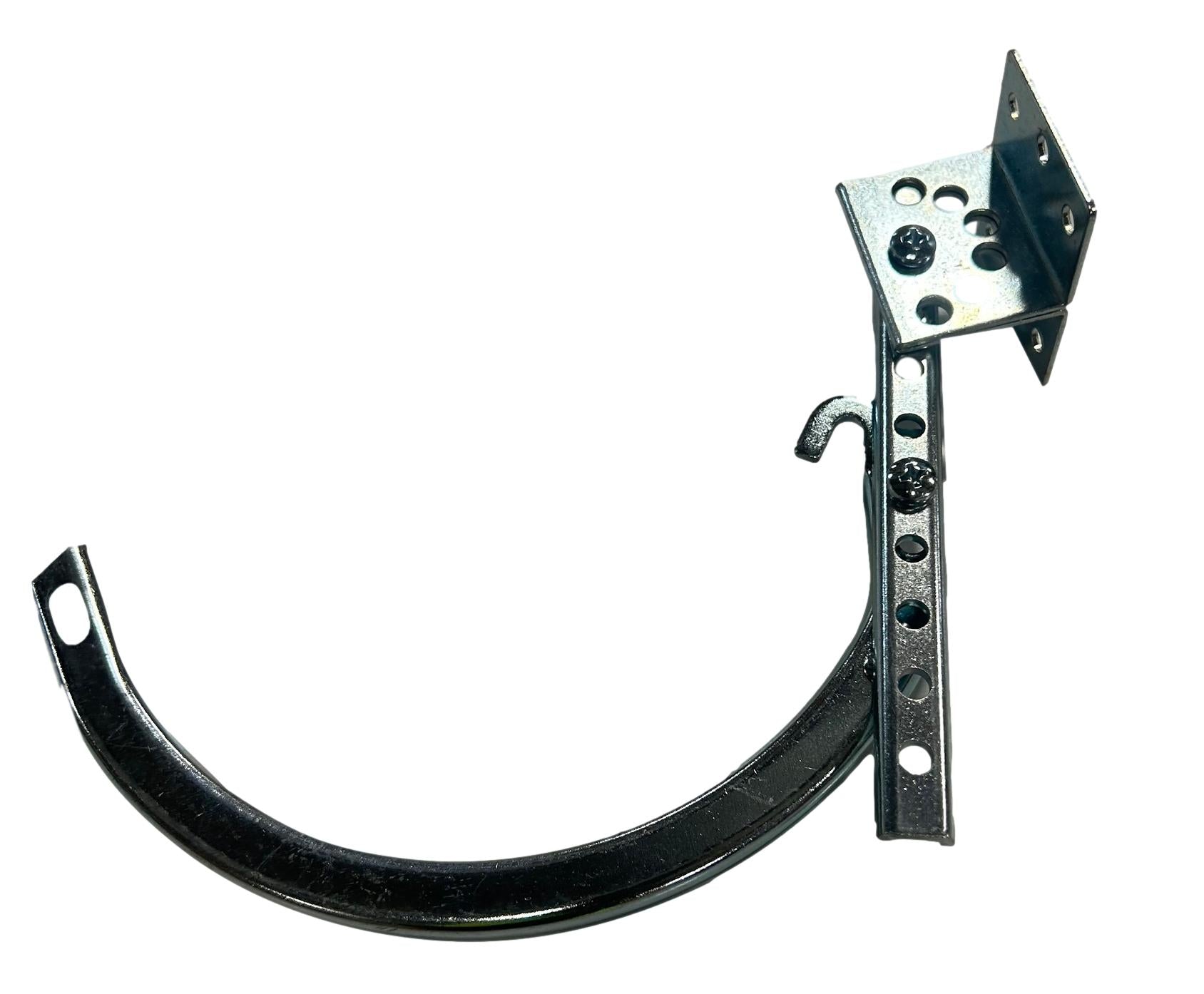 A black metal curved mounting bracket with a silver adjustable vertical bracket and hook, isolated on a white background.