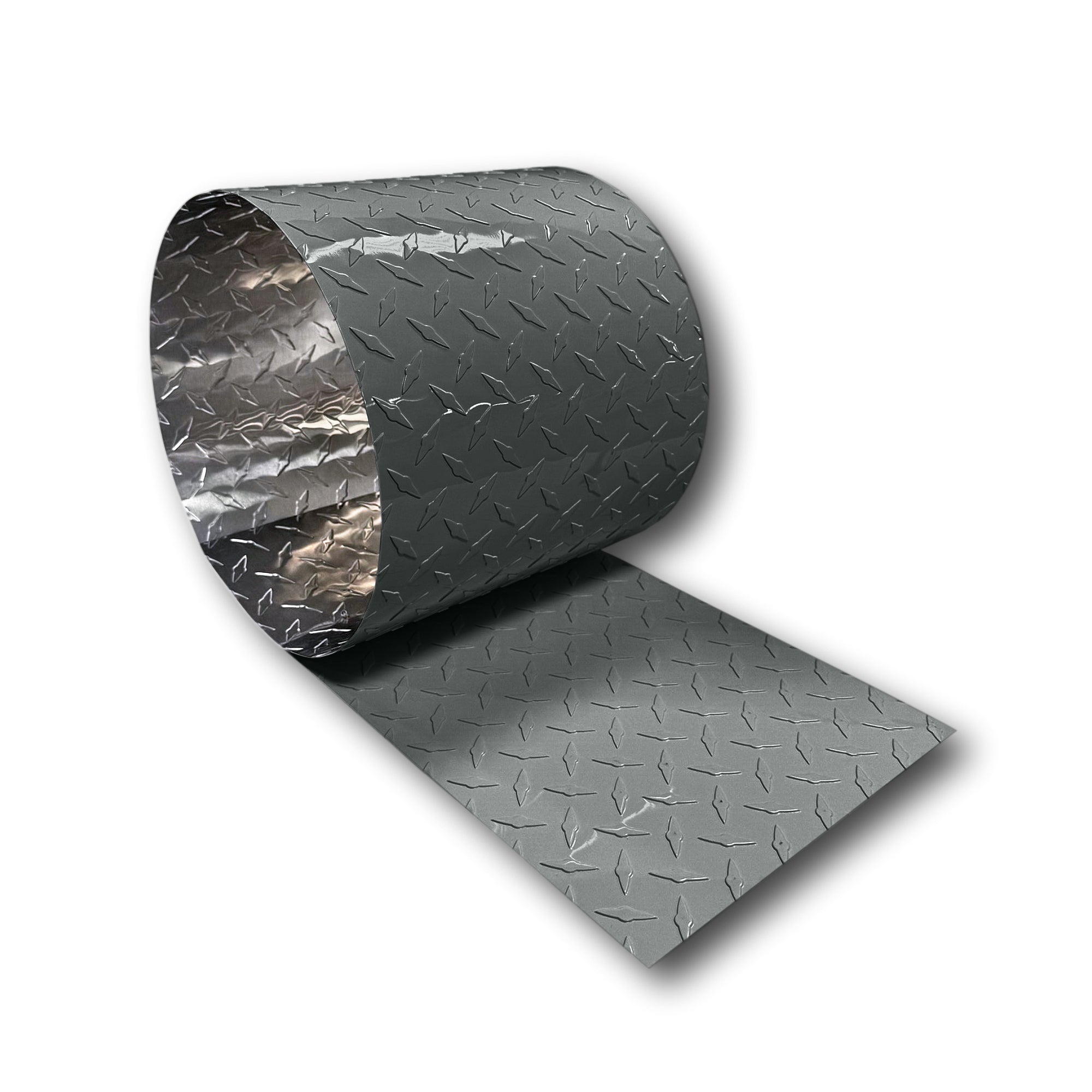 A roll of Aluminum Diamond Plate that is Gray in color.