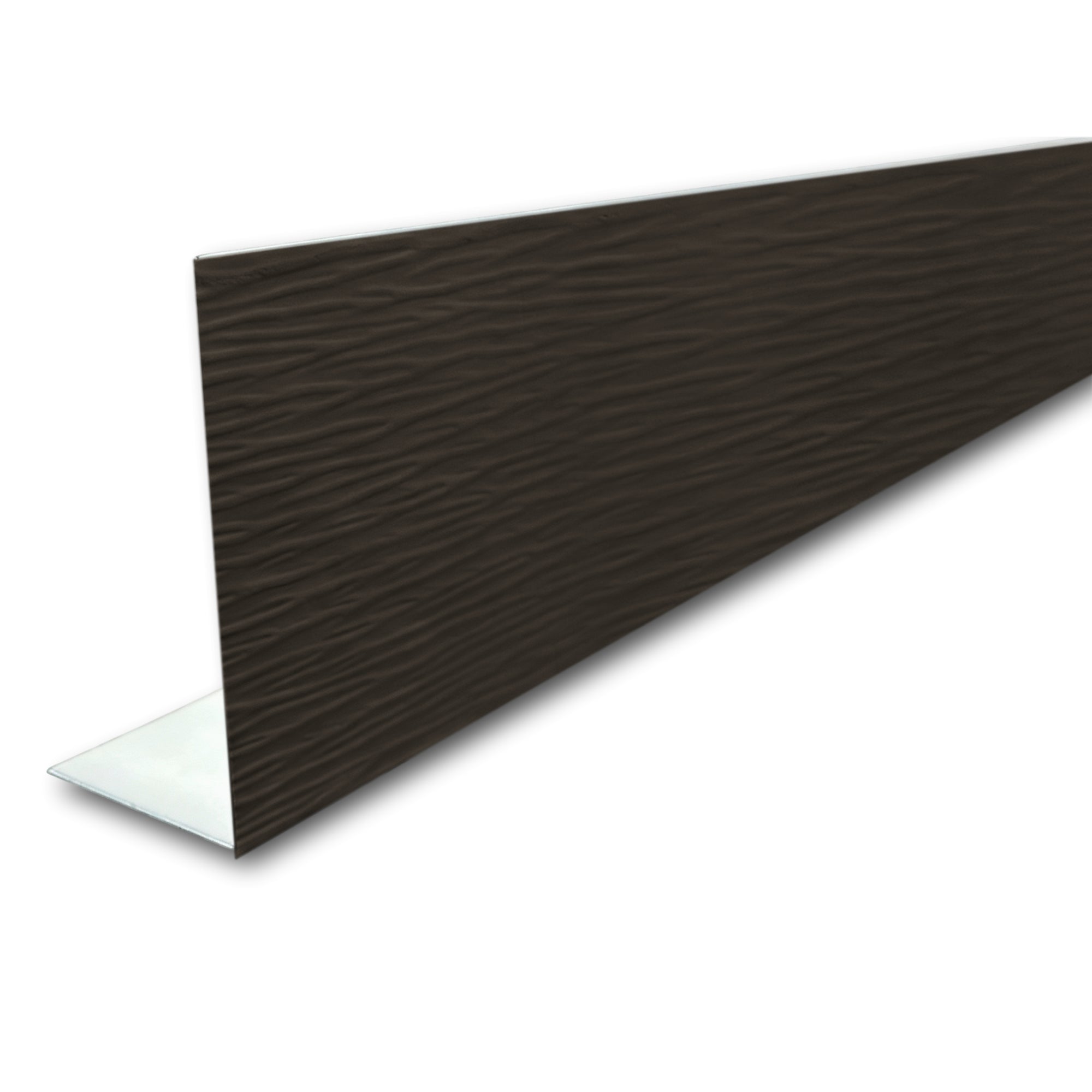A piece of Aluminum Fascia Covering with a Woodgrain Finish in the color Bronze on a white background.