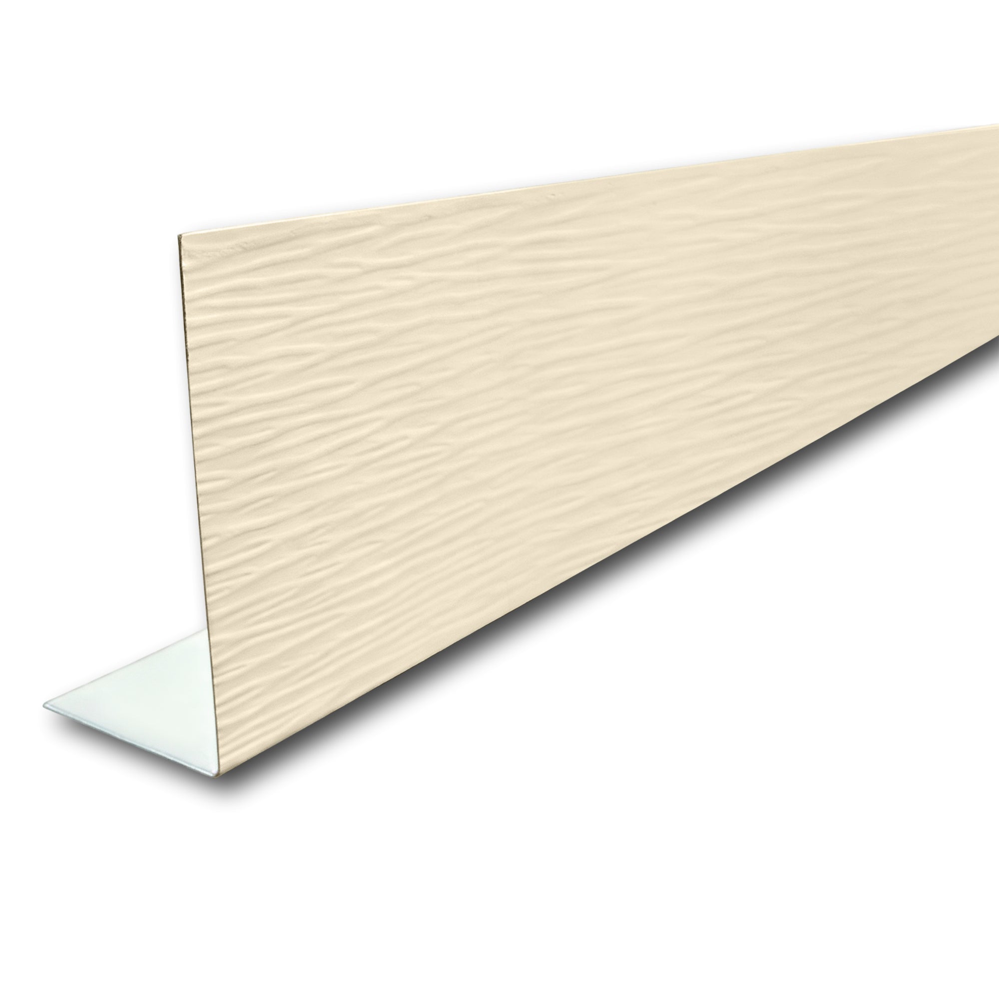 A piece of Aluminum Fascia Covering with a Woodgrain Finish in the color Almond on a white background.