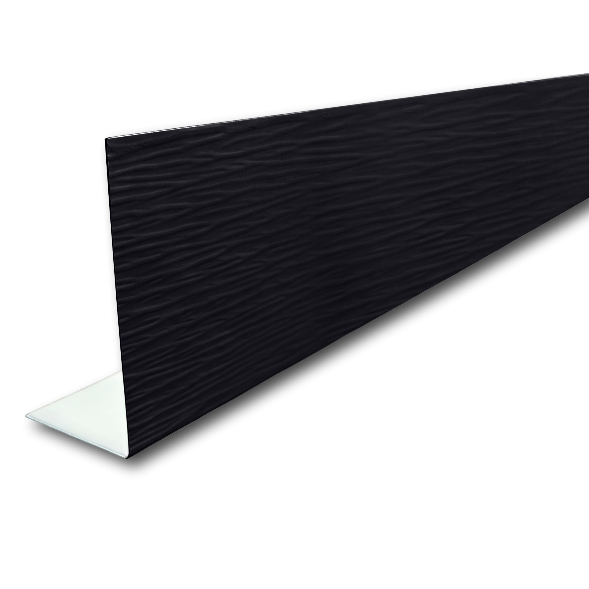 A piece of Aluminum Fascia Covering with a Woodgrain Finish in the color Black on a white background.