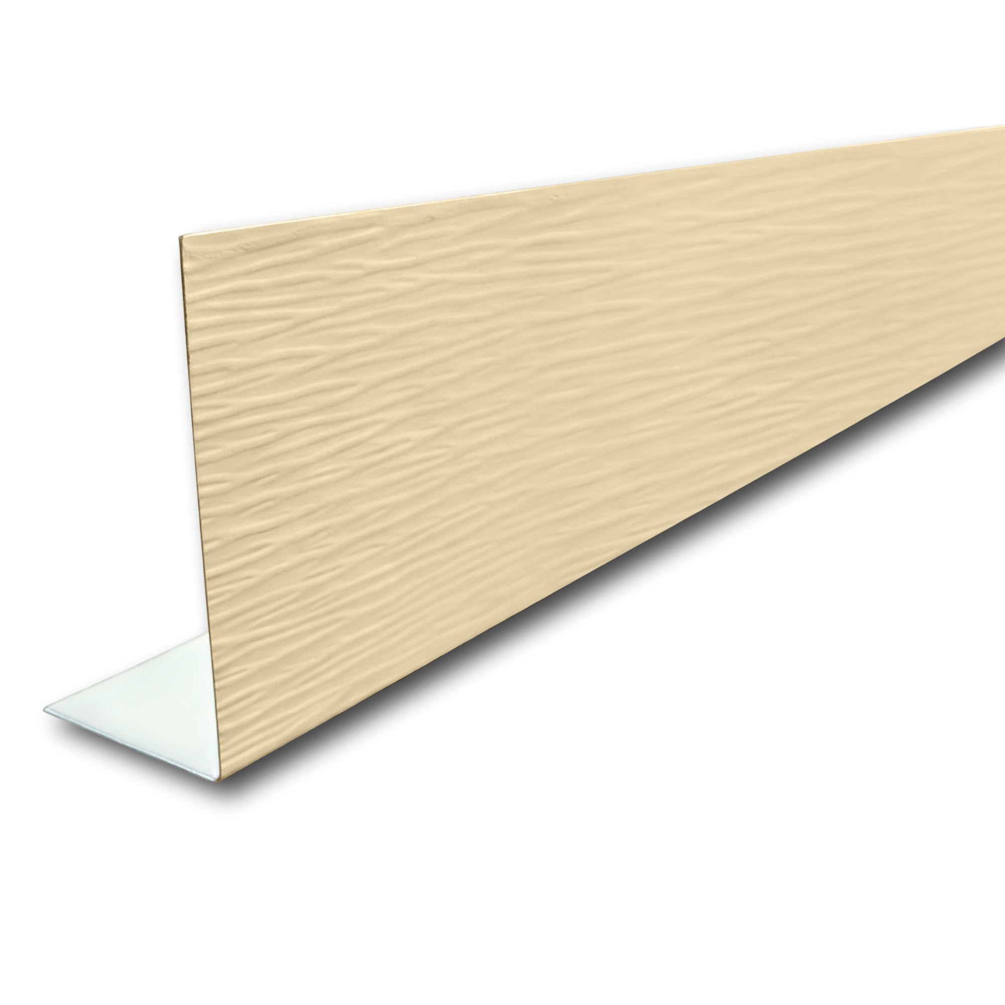 A piece of Aluminum Fascia Covering with a Woodgrain Finish in the color Cream on a white background.