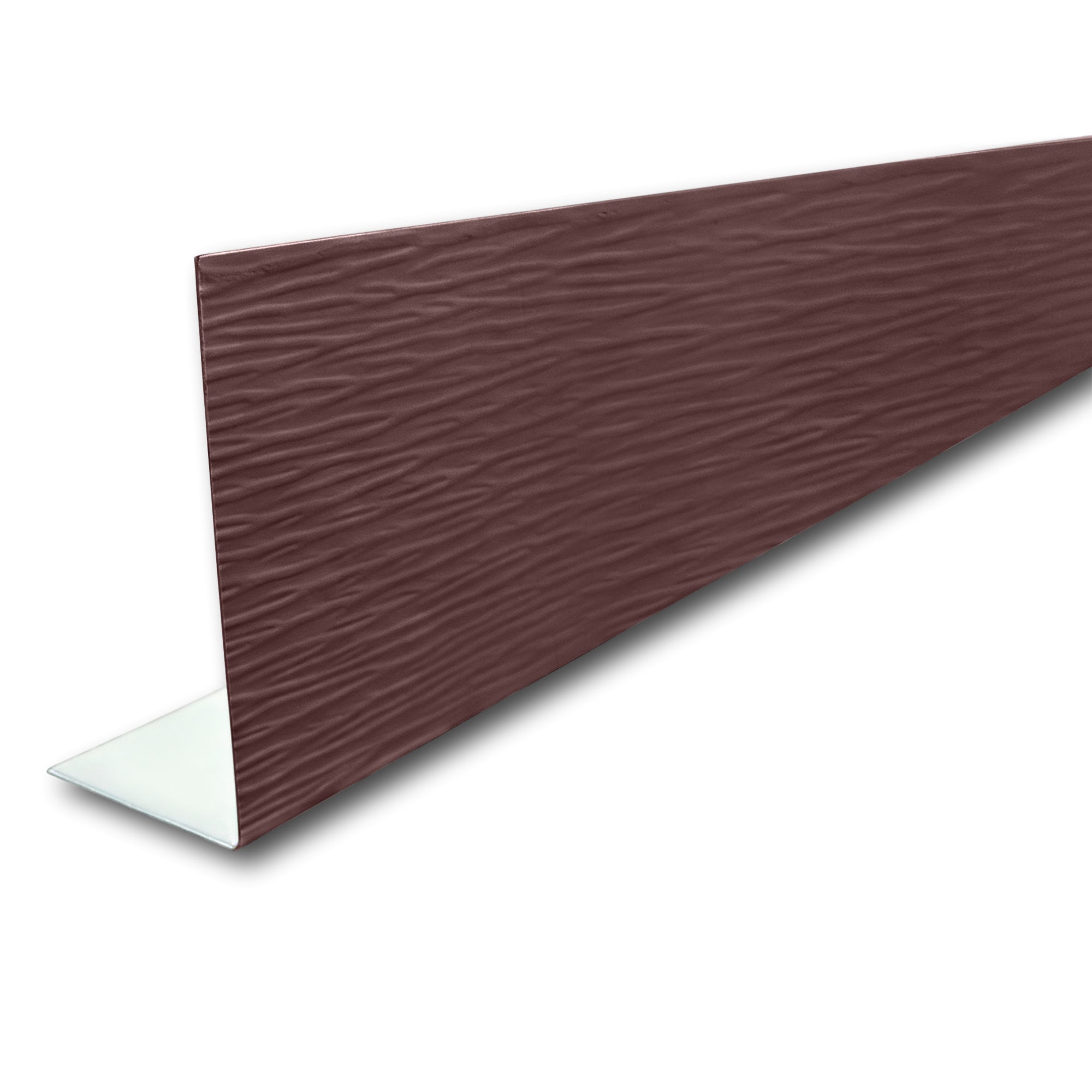 A piece of Aluminum Fascia Covering with a Woodgrain Finish in the color Musket Brown on a white background.