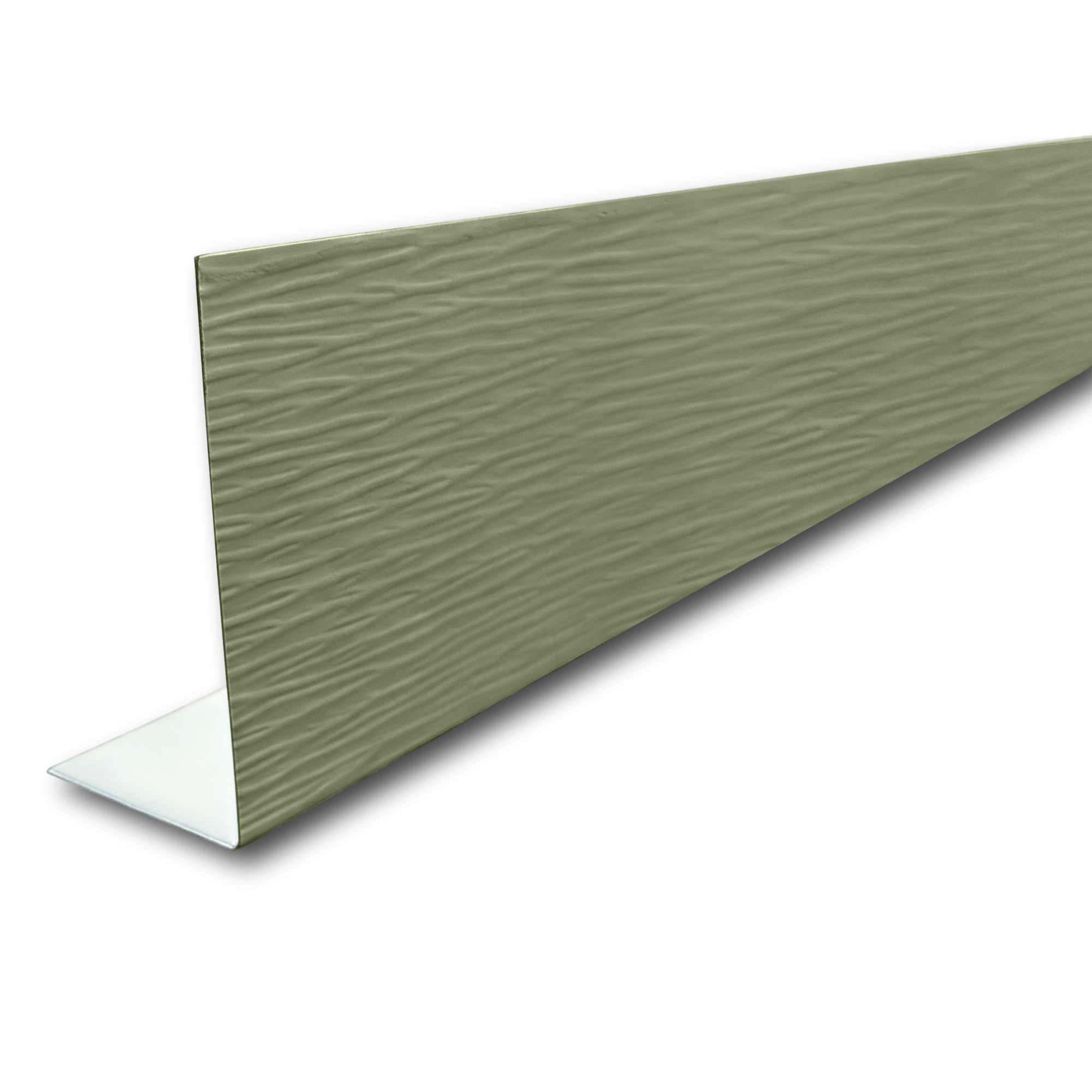 A piece of Aluminum Fascia Covering with a Woodgrain Finish in the color Spruce Green on a white background.