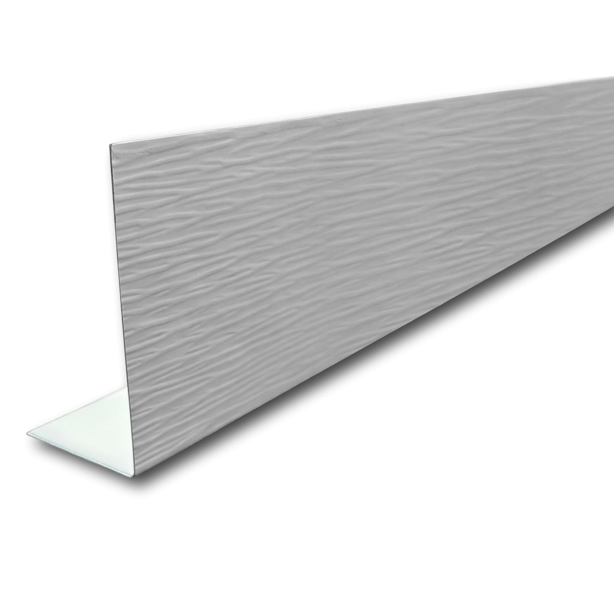 A piece of Aluminum Fascia Covering with a Woodgrain Finish in the color Sterling Gray on a white background.