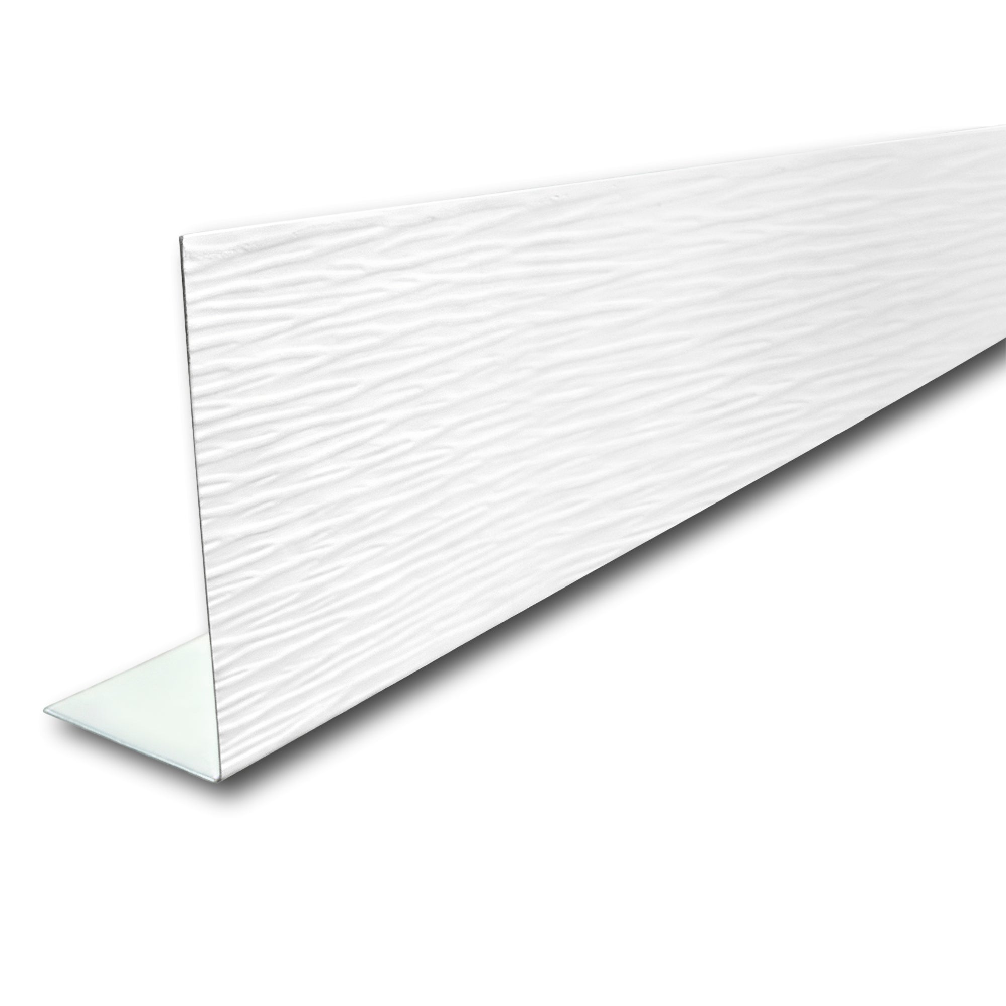 A piece of Aluminum Fascia Covering with a Woodgrain Finish in the color White on a white background.