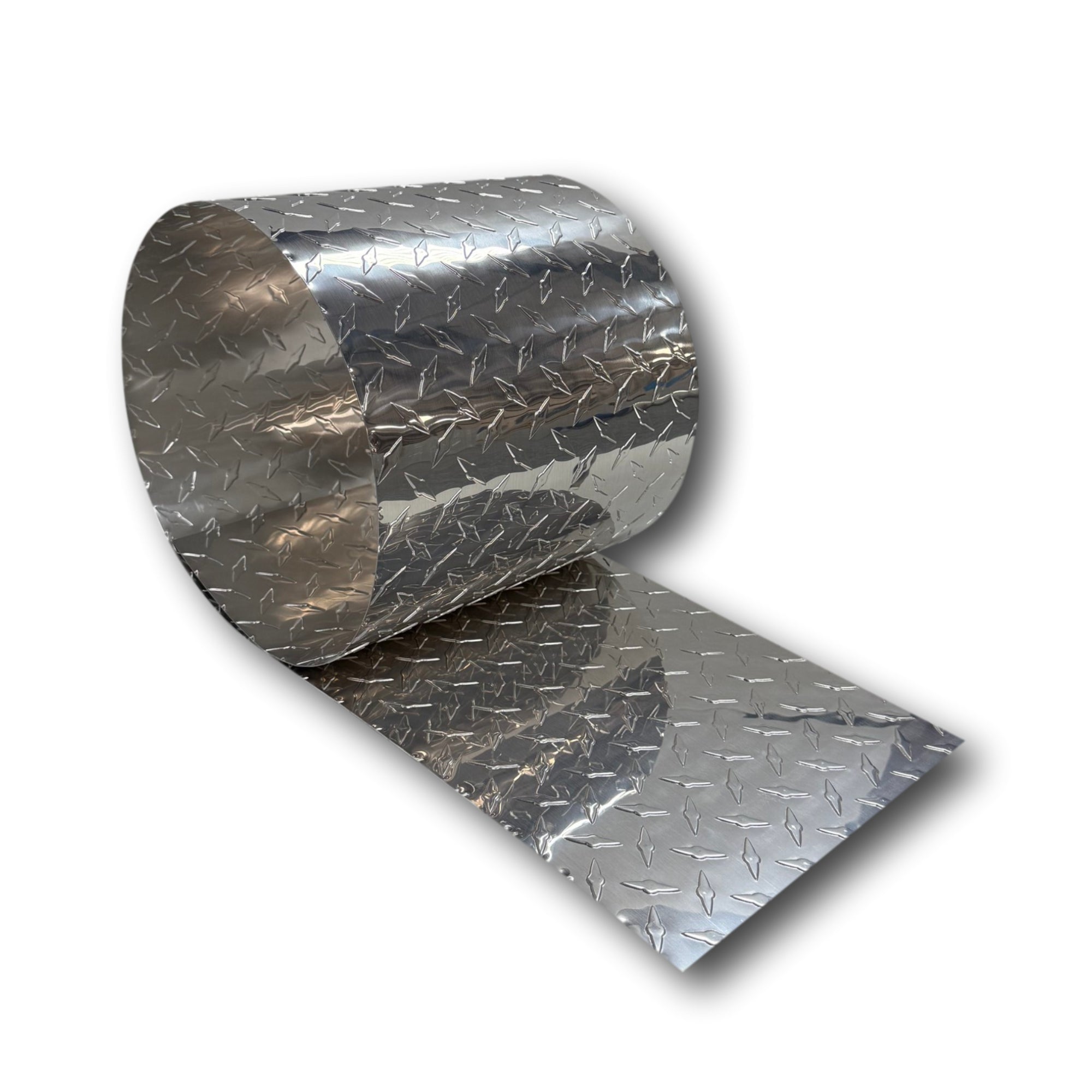A roll of Aluminum Diamond Plate that is Silver/Unpainted in color.