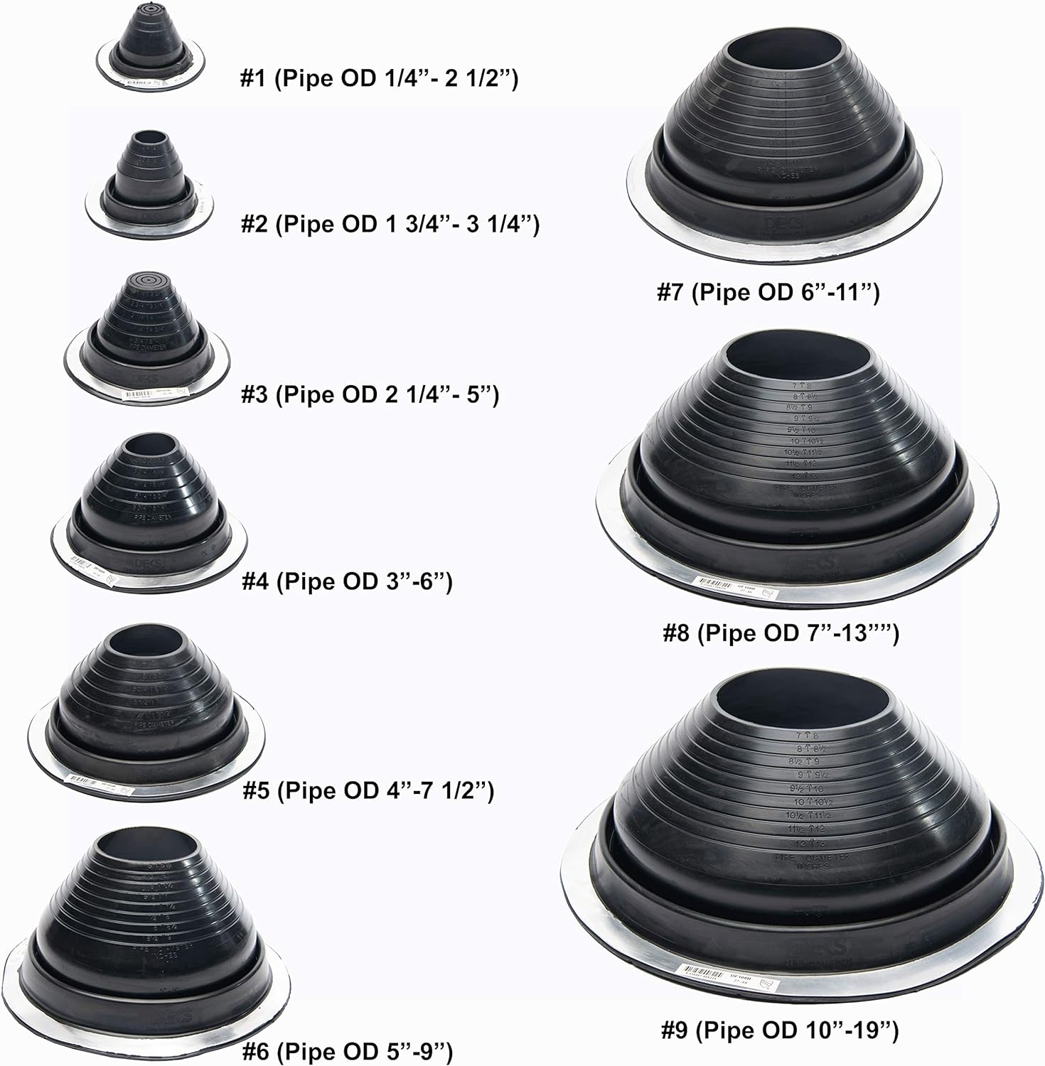 A diagram showing the sizes and pipe diameters for Black Round Base Pipe Flashing Boots. #1 (Pipe OD 1/4"-2 1/2), #2 (Pipe OD 1 3/4"-3 1/4"), #3 (Pipe OD 2 1/4"-5"), #4 (Pipe OD 3"-6"), #5 (Pipe OD 4"-7 1/2"), #6 (Pipe OD 5"-9"), #7 (Pipe OD 6"-11"), #8 (Pipe OD 7"-13"), #9 (Pipe OD 10"-19").