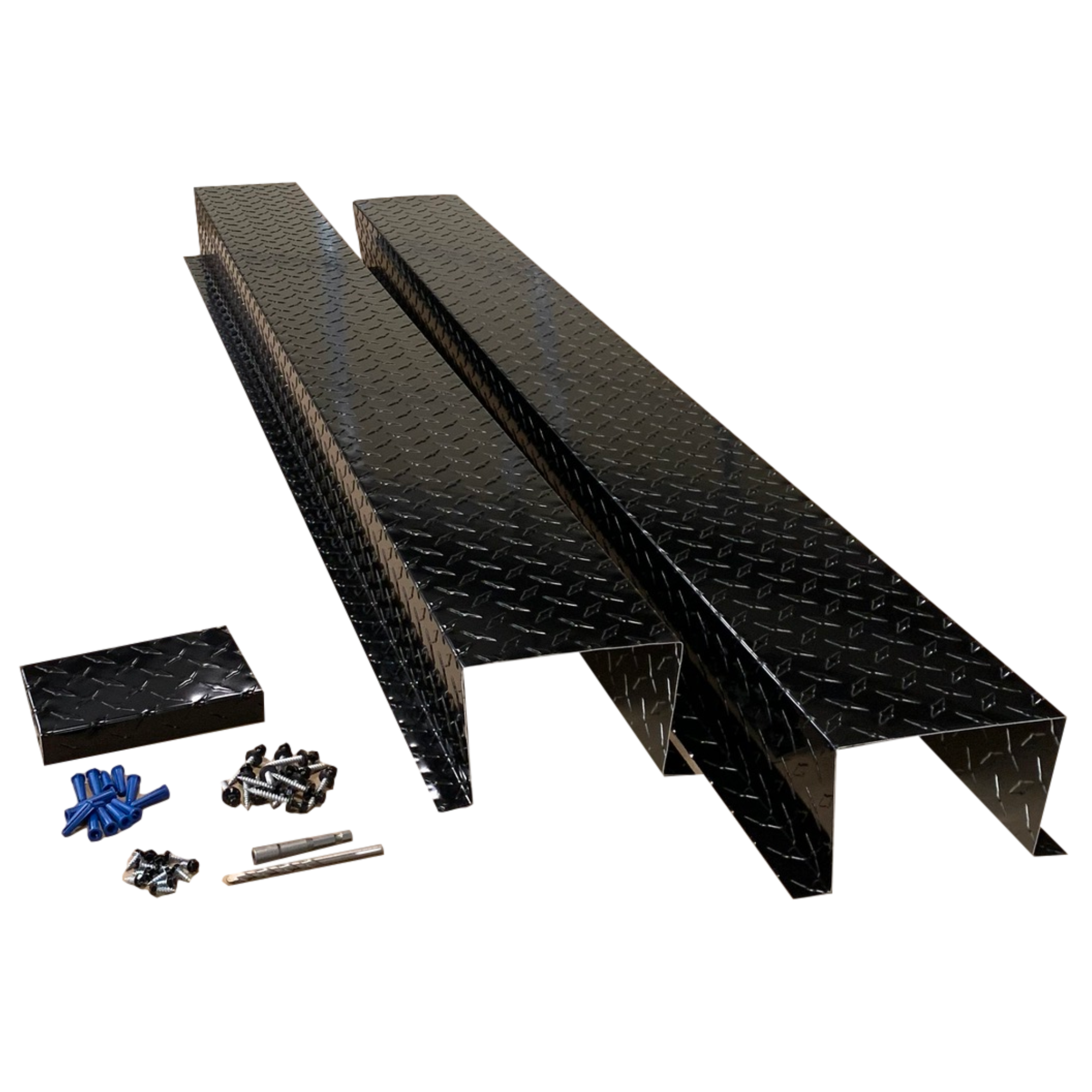 A set of PermaCover HVAC Line Set Covers that consists of two 5 FT sections, two end caps, fasteners, and a hex bit driver and masonry bit. The sections are made for covering existing HVAC line sets, and are made of Aluminum Diamond Tread Plate in the color Black.