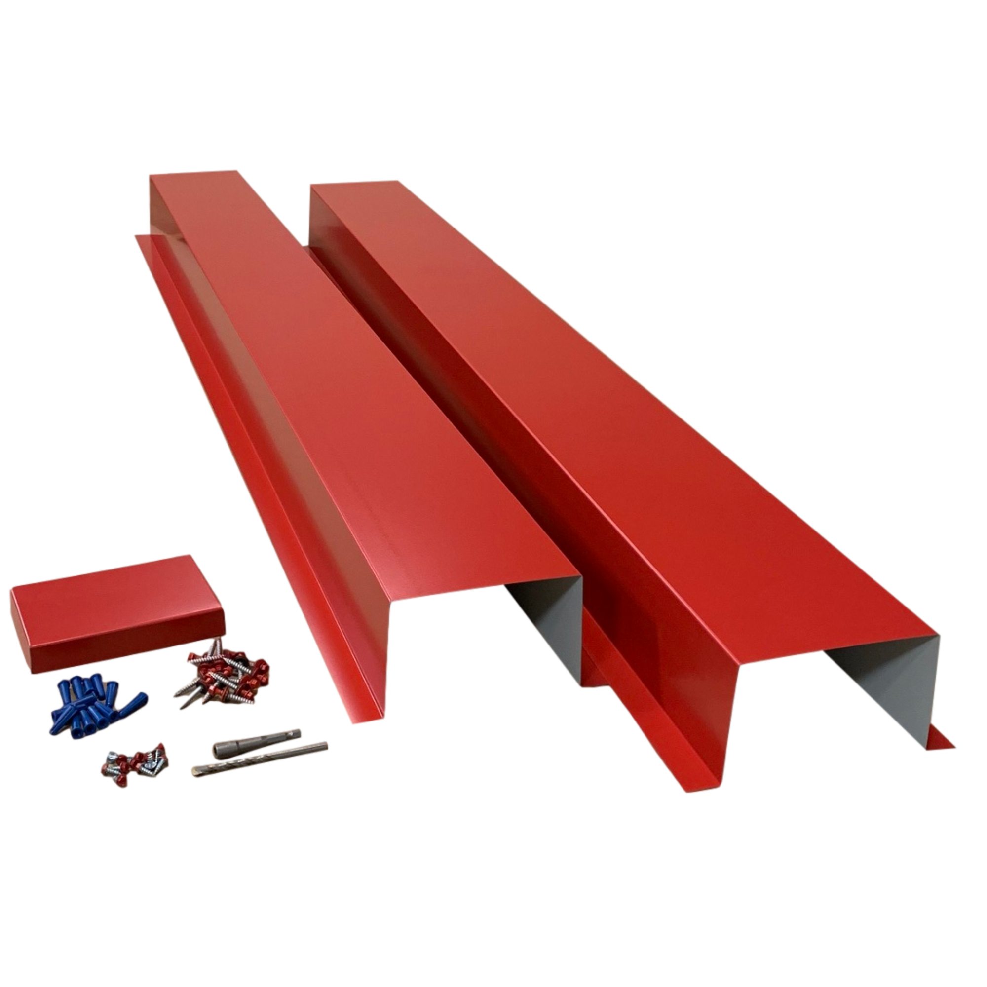 A set of PermaCover HVAC Line Set Covers that consists of two 5 FT sections, two end caps, fasteners, and a hex bit driver and masonry bit. The sections are made for covering existing HVAC line sets, and are made of 26 gauge painted steel in the color Bright Red.
