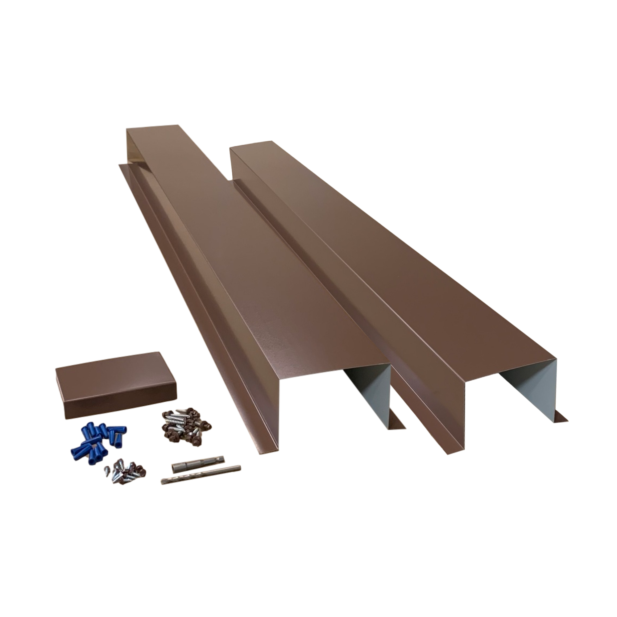 A set of PermaCover HVAC Line Set Covers that consists of two 5 FT sections, two end caps, fasteners, and a hex bit driver and masonry bit. The sections are made for covering existing HVAC line sets, and are made of 26 gauge painted steel in the color Brown.