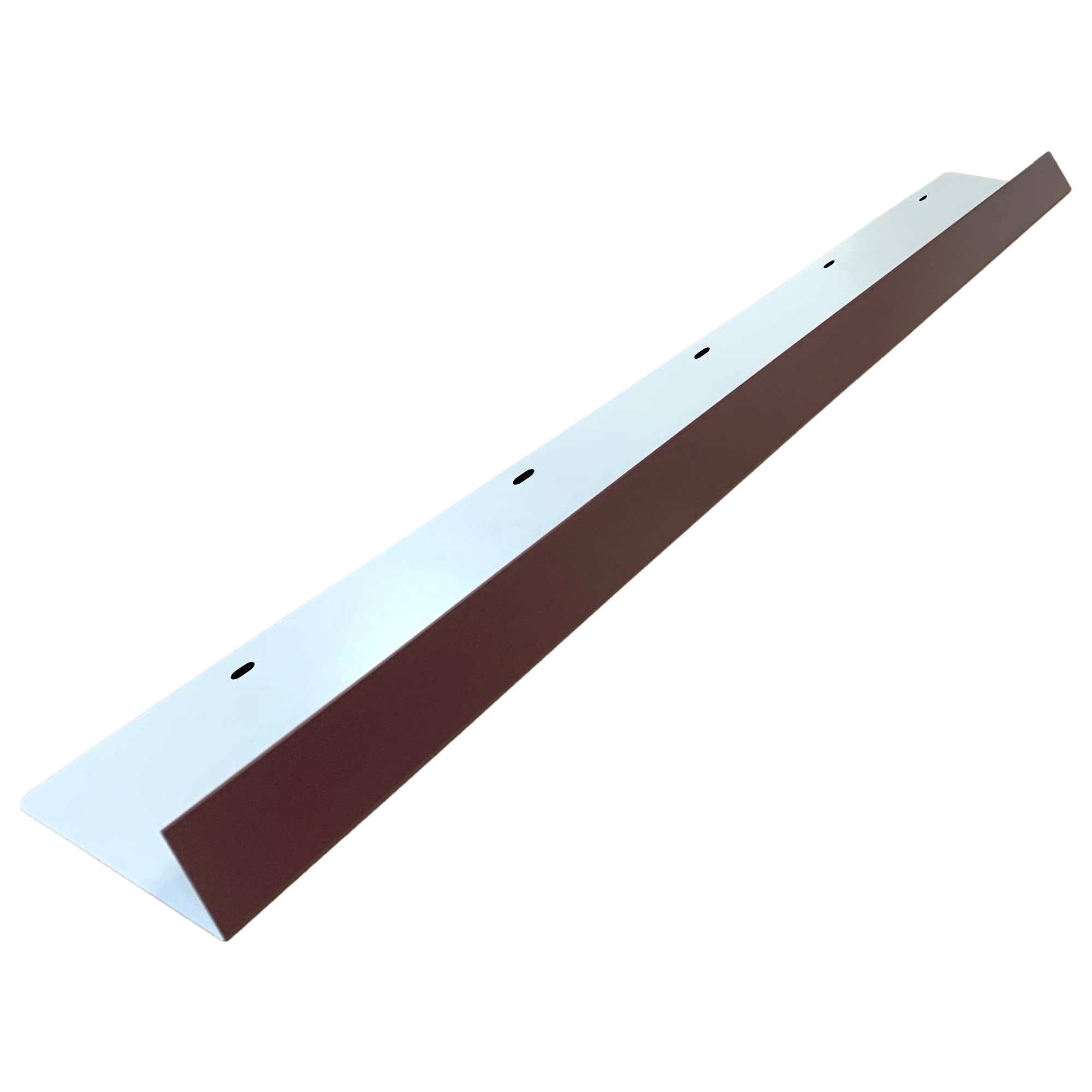 A shingle roof rain diverter that is meant to install over door ways and windows to divert rain water. The rain diverter is made of 26 gauge painted steel and is Burgundy in color.