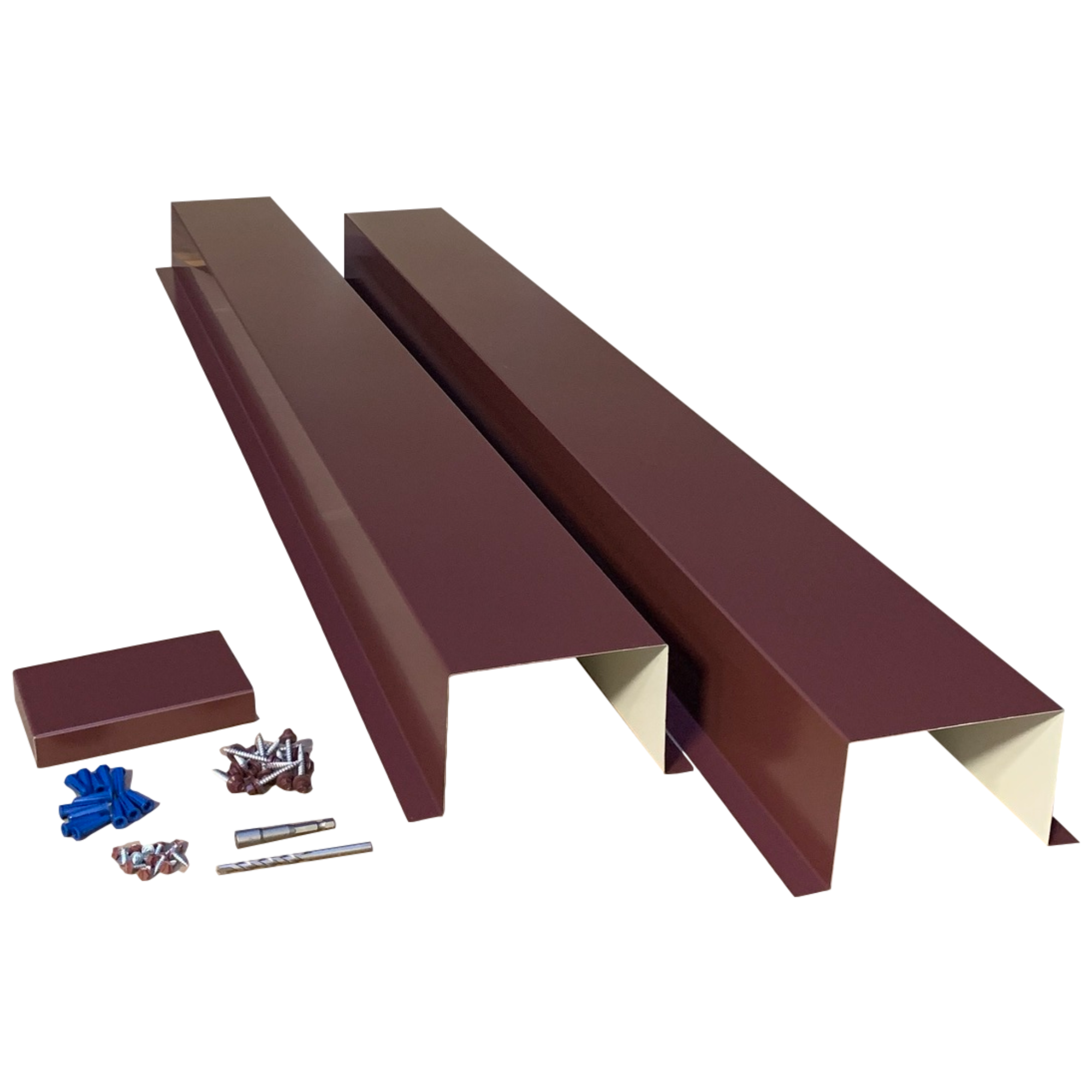 A set of PermaCover HVAC Line Set Covers that consists of two 5 FT sections, two end caps, fasteners, and a hex bit driver and masonry bit. The sections are made for covering existing HVAC line sets, and are made of 26 gauge painted steel in the color Burgundy.