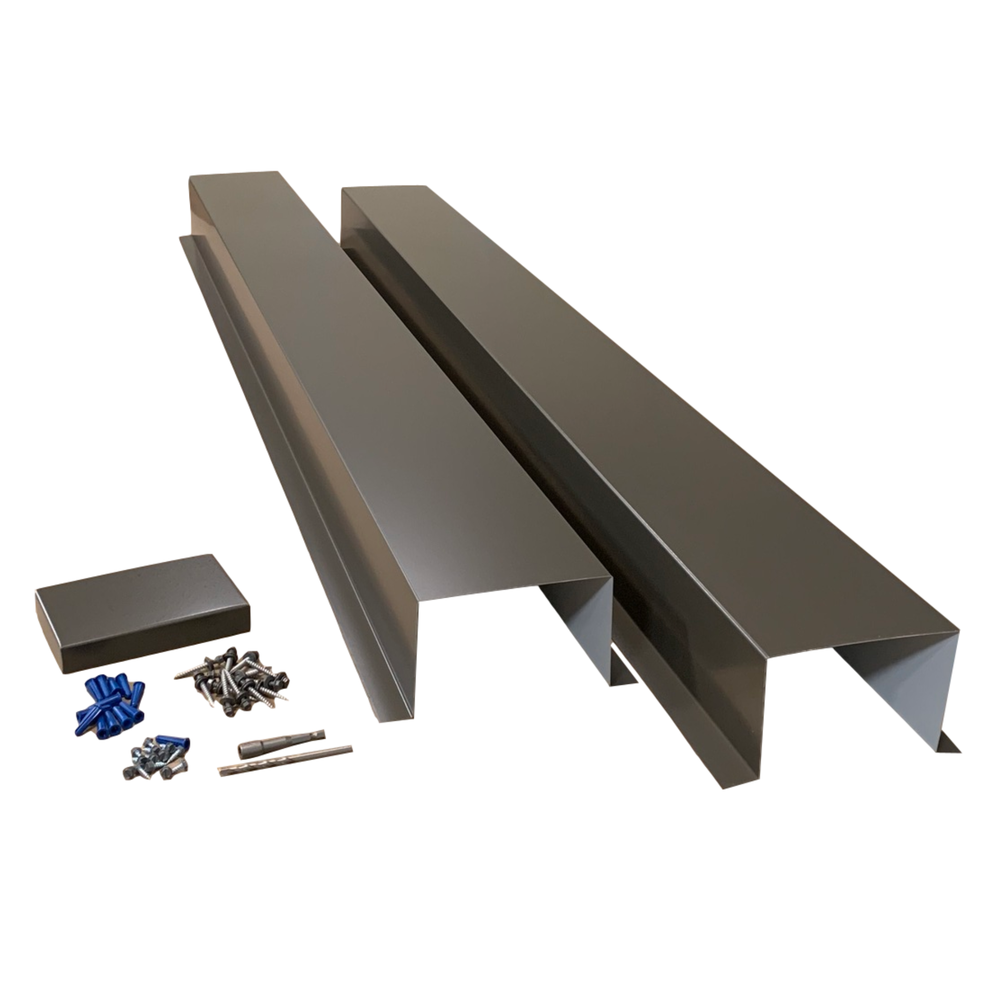 A set of PermaCover HVAC Line Set Covers that consists of two 5 FT sections, two end caps, fasteners, and a hex bit driver and masonry bit. The sections are made for covering existing HVAC line sets, and are made of 26 gauge painted steel in the color Burnished Slate.