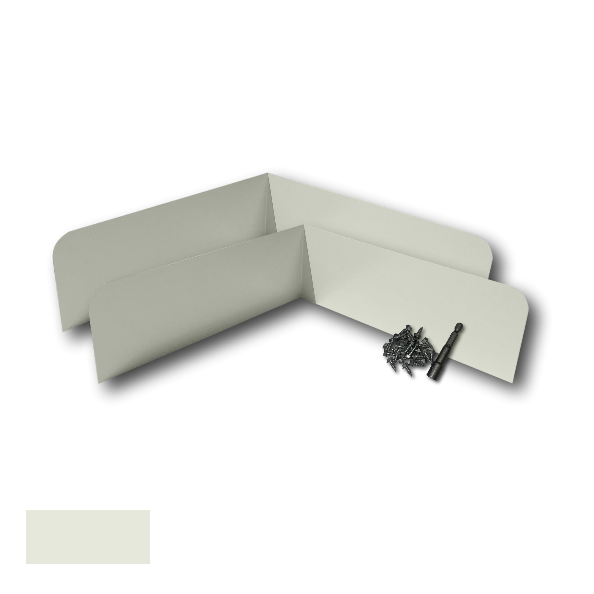 Two Rain Gutter Valley Splash Guards displayed with several sheet metal screws and a magnetic hex bit driver. There is a color swatch in the bottom left corner. The Splash Guards are Classic Bent in size, and Almond in color.
