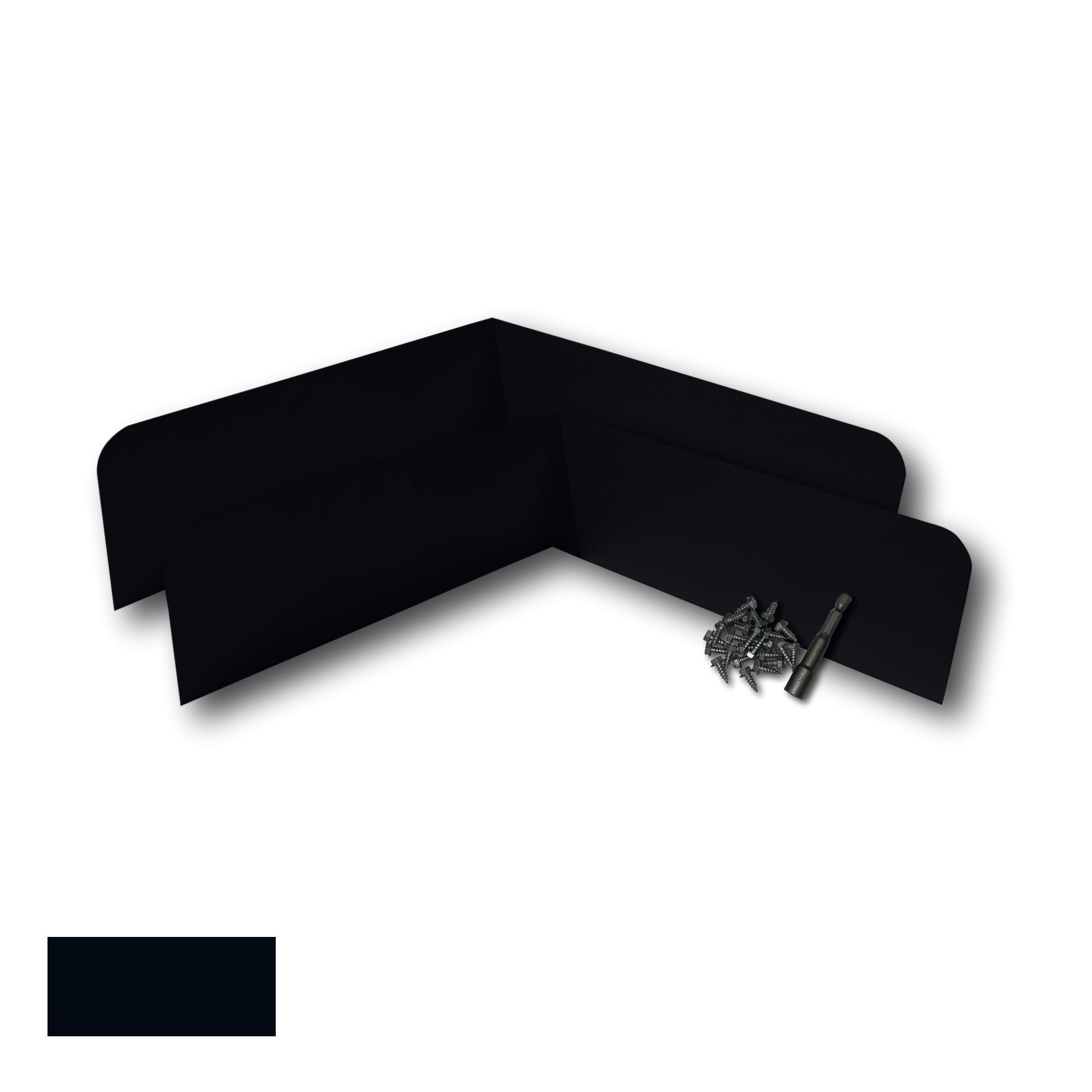 Two Rain Gutter Valley Splash Guards displayed with several sheet metal screws and a magnetic hex bit driver. There is a color swatch in the bottom left corner. The Splash Guards are Classic Bent in size, and Black in color.
