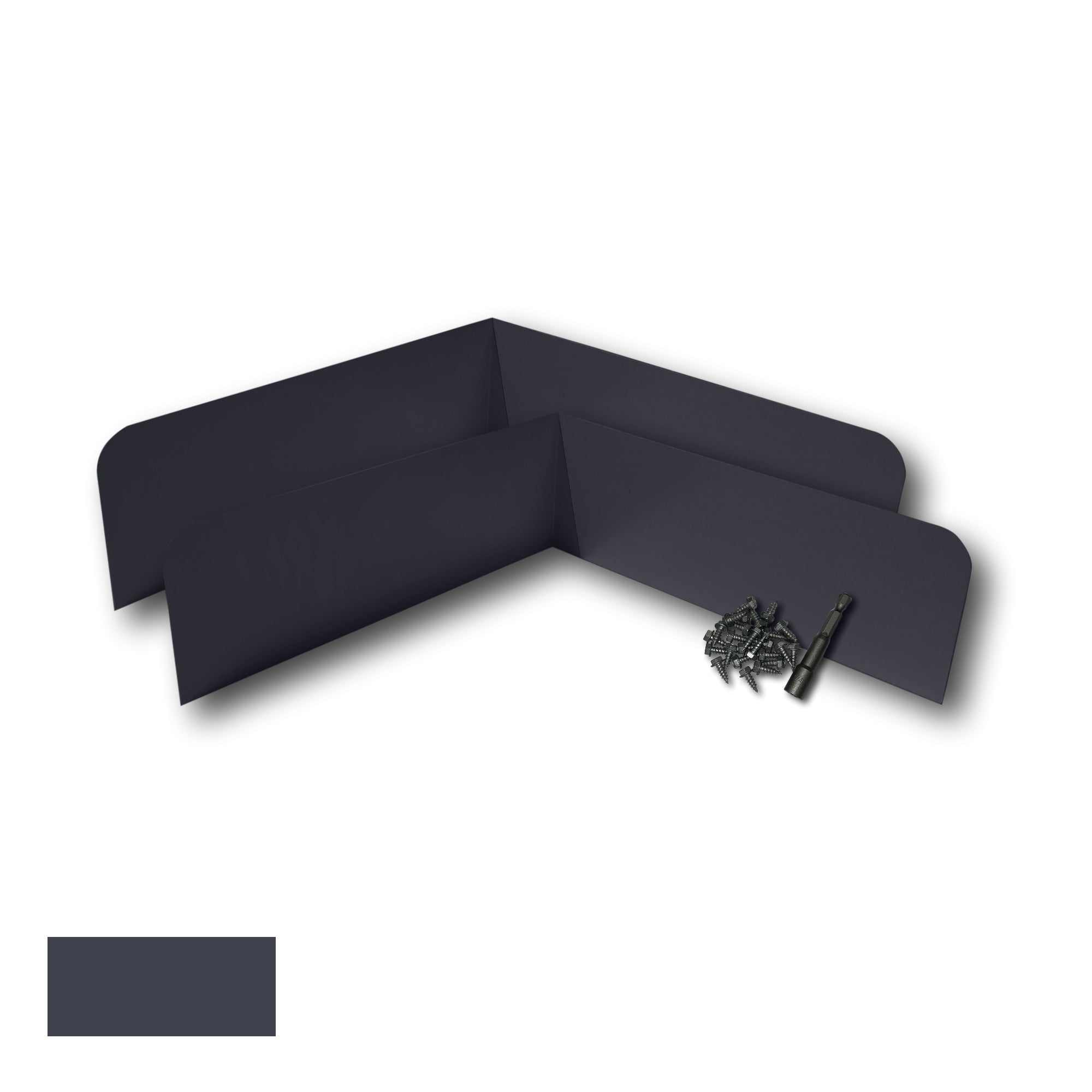Two Rain Gutter Valley Splash Guards displayed with several sheet metal screws and a magnetic hex bit driver. There is a color swatch in the bottom left corner. The Splash Guards are Classic Bent in size, and Dark Bronze in color.