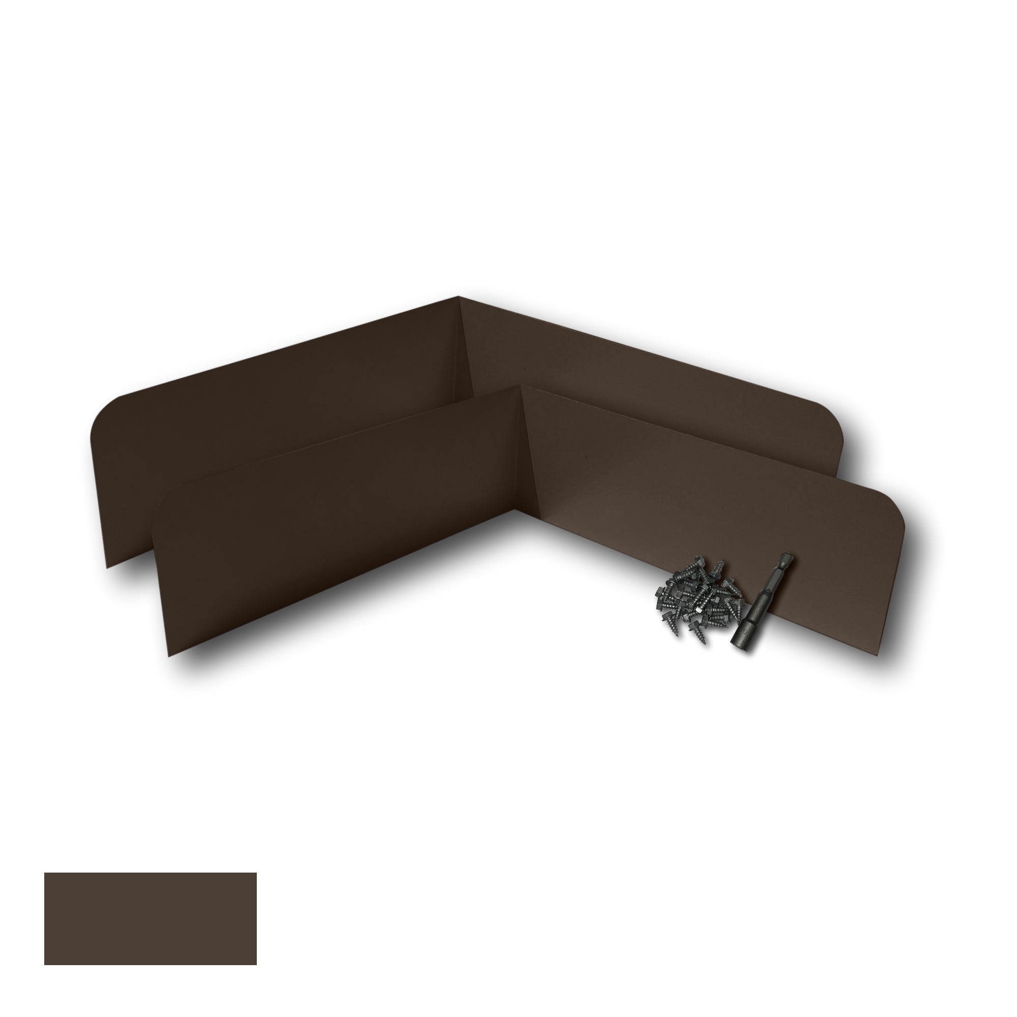 Two Rain Gutter Valley Splash Guards displayed with several sheet metal screws and a magnetic hex bit driver. There is a color swatch in the bottom left corner. The Splash Guards are Classic Bent in size, and Musket Brown in color.