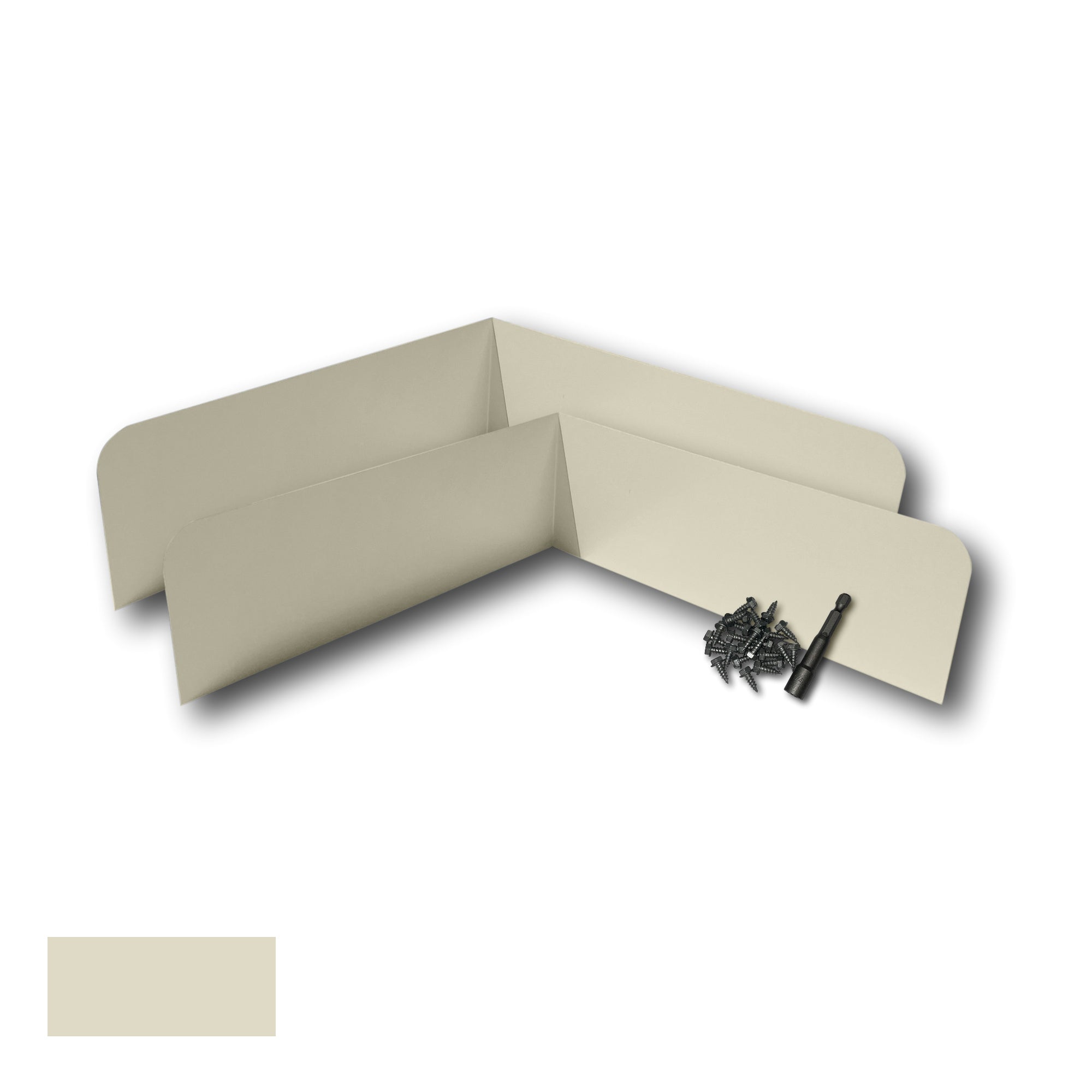 Two Rain Gutter Valley Splash Guards displayed with several sheet metal screws and a magnetic hex bit driver. There is a color swatch in the bottom left corner. The Splash Guards are Classic Bent in size, and Cream in color.
