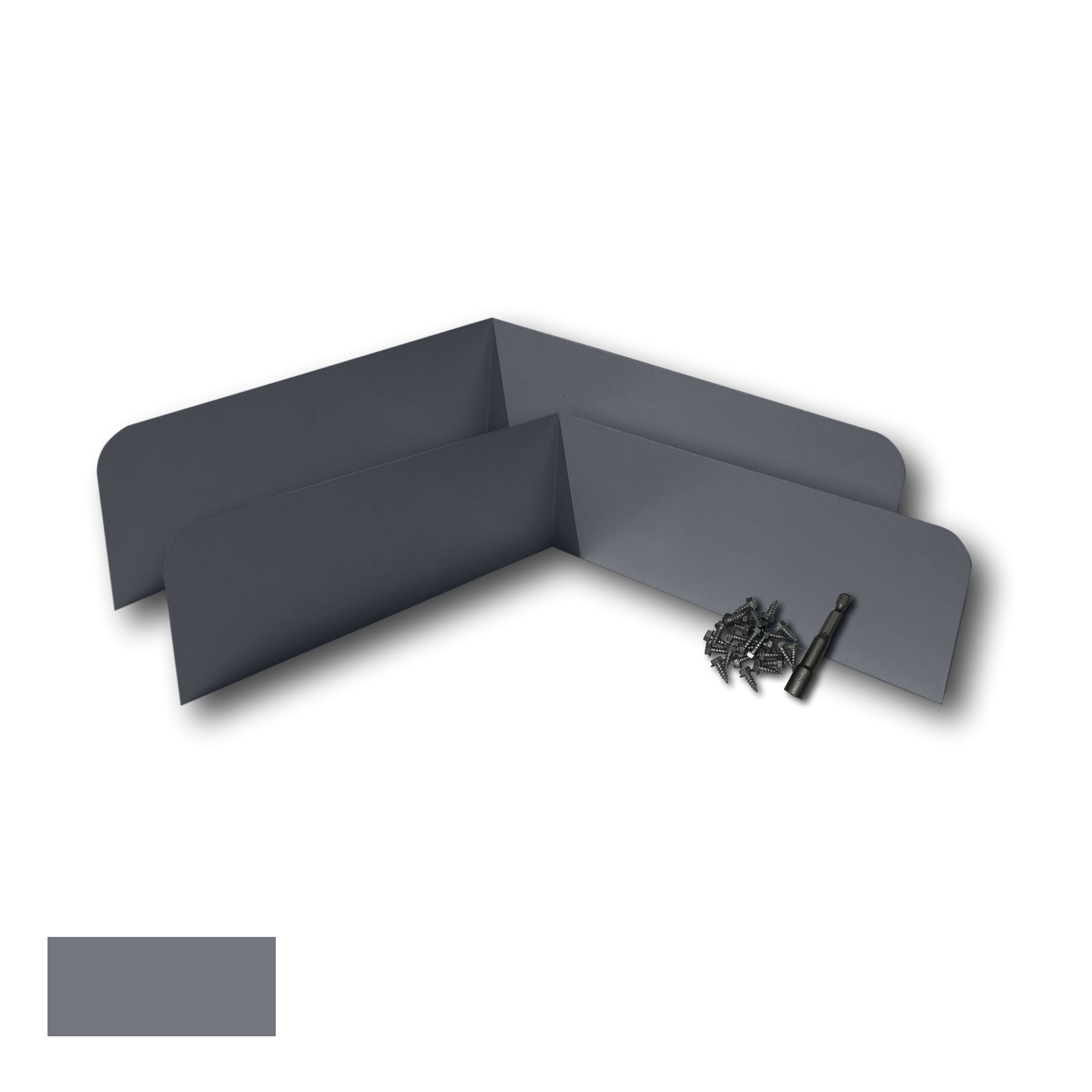 Two Rain Gutter Valley Splash Guards displayed with several sheet metal screws and a magnetic hex bit driver. There is a color swatch in the bottom left corner. The Splash Guards are Classic Bent in size, and Dark Gray in color.