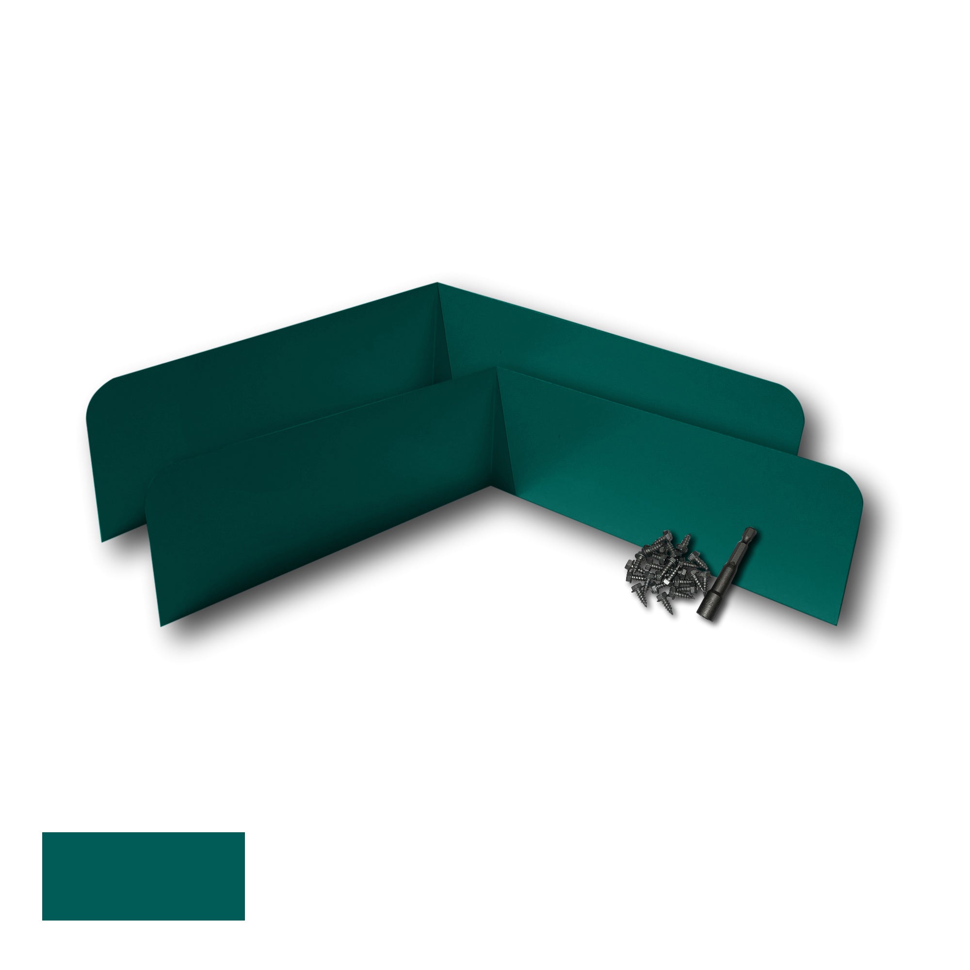 Two Rain Gutter Valley Splash Guards displayed with several sheet metal screws and a magnetic hex bit driver. There is a color swatch in the bottom left corner. The Splash Guards are Classic Bent in size, and Grecian Green in color.