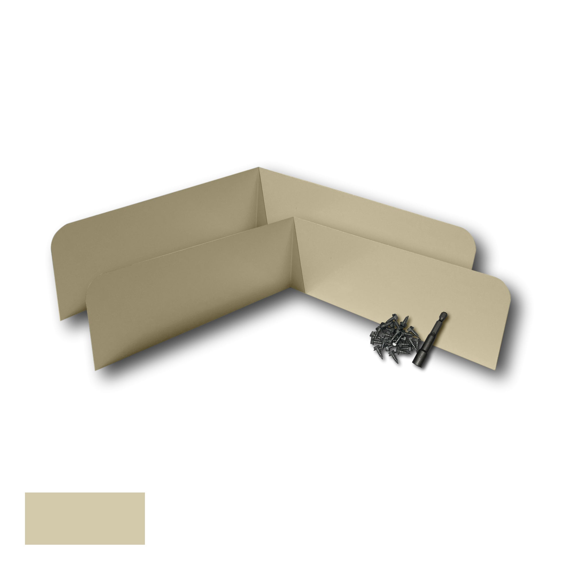 Two Rain Gutter Valley Splash Guards displayed with several sheet metal screws and a magnetic hex bit driver. There is a color swatch in the bottom left corner. The Splash Guards are Classic Bent in size, and Ivory in color.