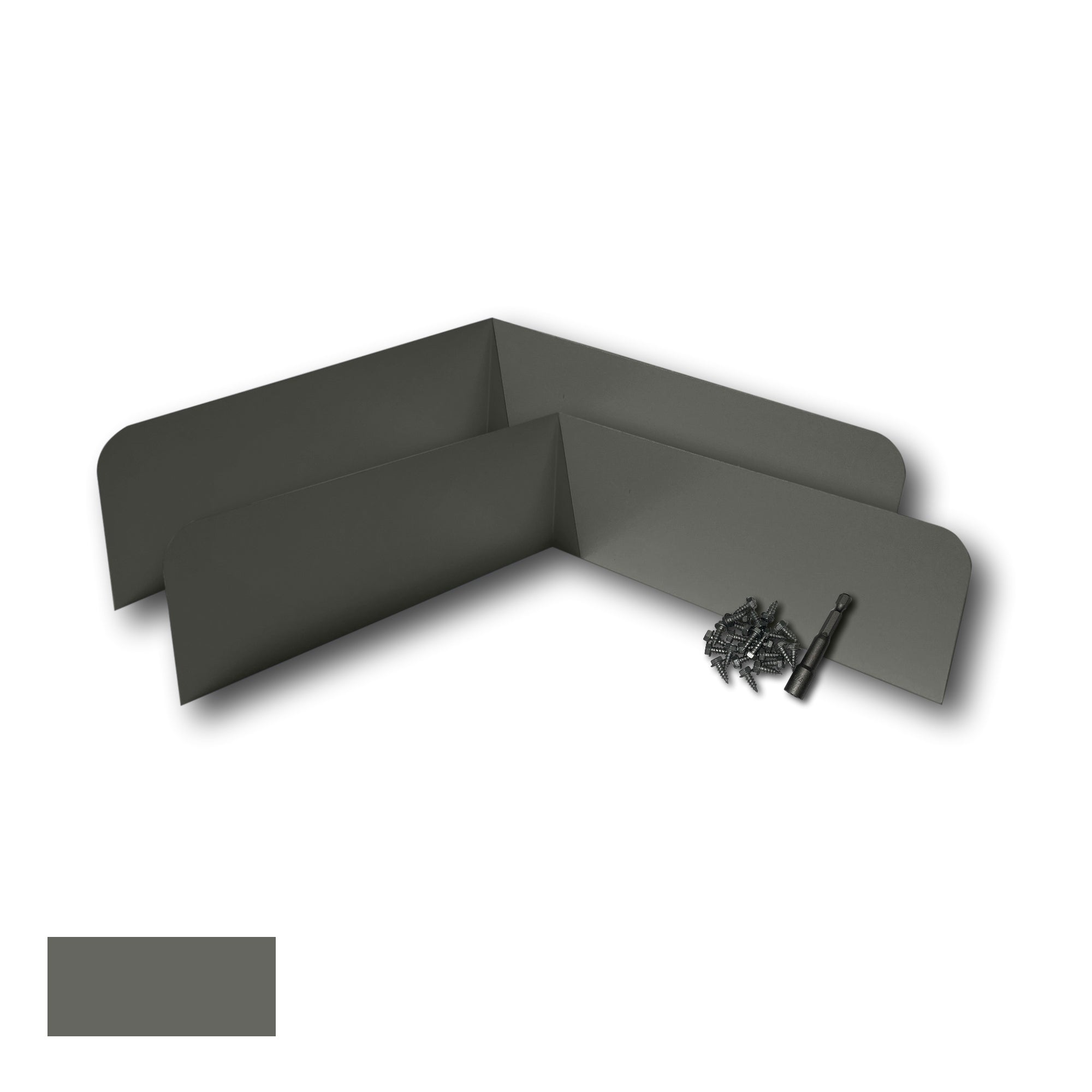 Two Rain Gutter Valley Splash Guards displayed with several sheet metal screws and a magnetic hex bit driver. There is a color swatch in the bottom left corner. The Splash Guards are Classic Bent in size, and Light Bronze in color.
