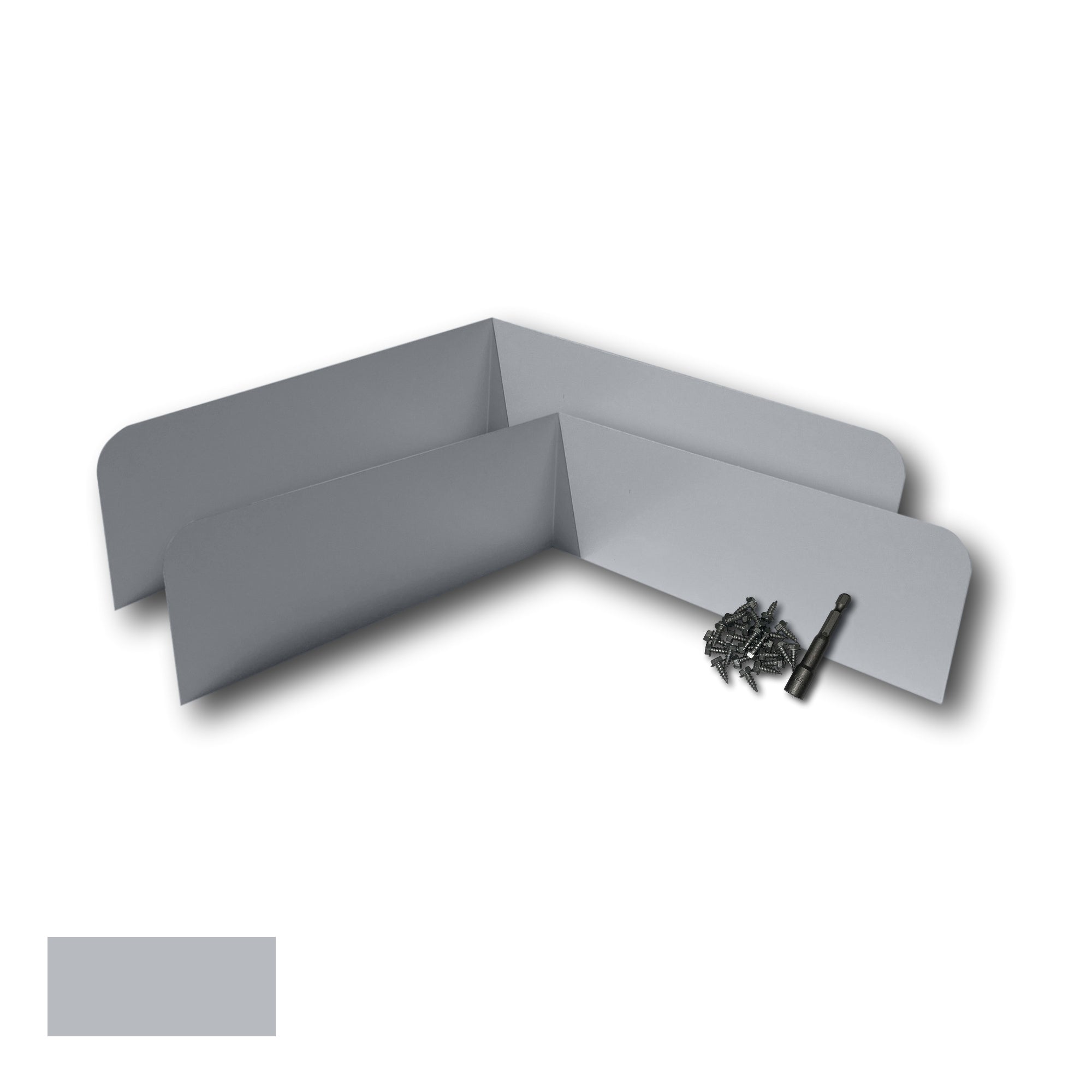 Two Rain Gutter Valley Splash Guards displayed with several sheet metal screws and a magnetic hex bit driver. There is a color swatch in the bottom left corner. The Splash Guards are Classic Bent in size, and Light Gray in color.