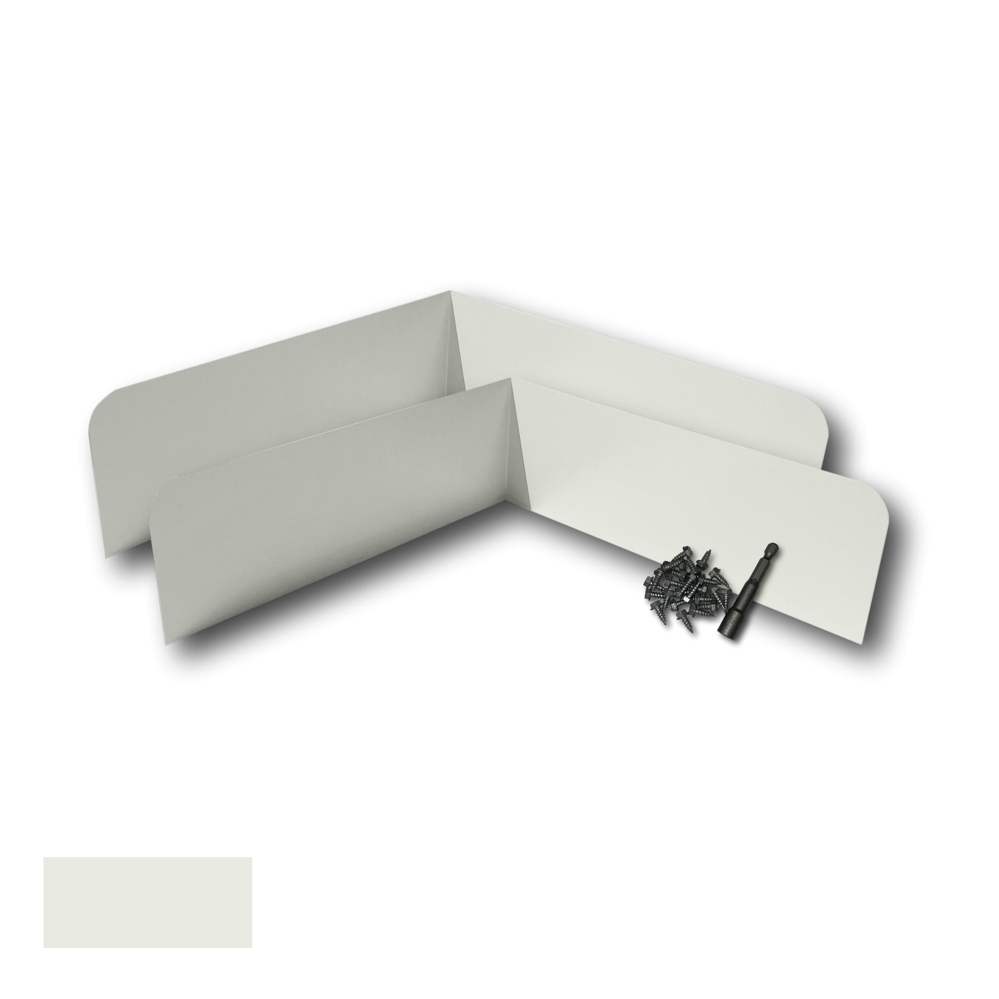 Two Rain Gutter Valley Splash Guards displayed with several sheet metal screws and a magnetic hex bit driver. There is a color swatch in the bottom left corner. The Splash Guards are Classic Bent in size, and Linen in color.