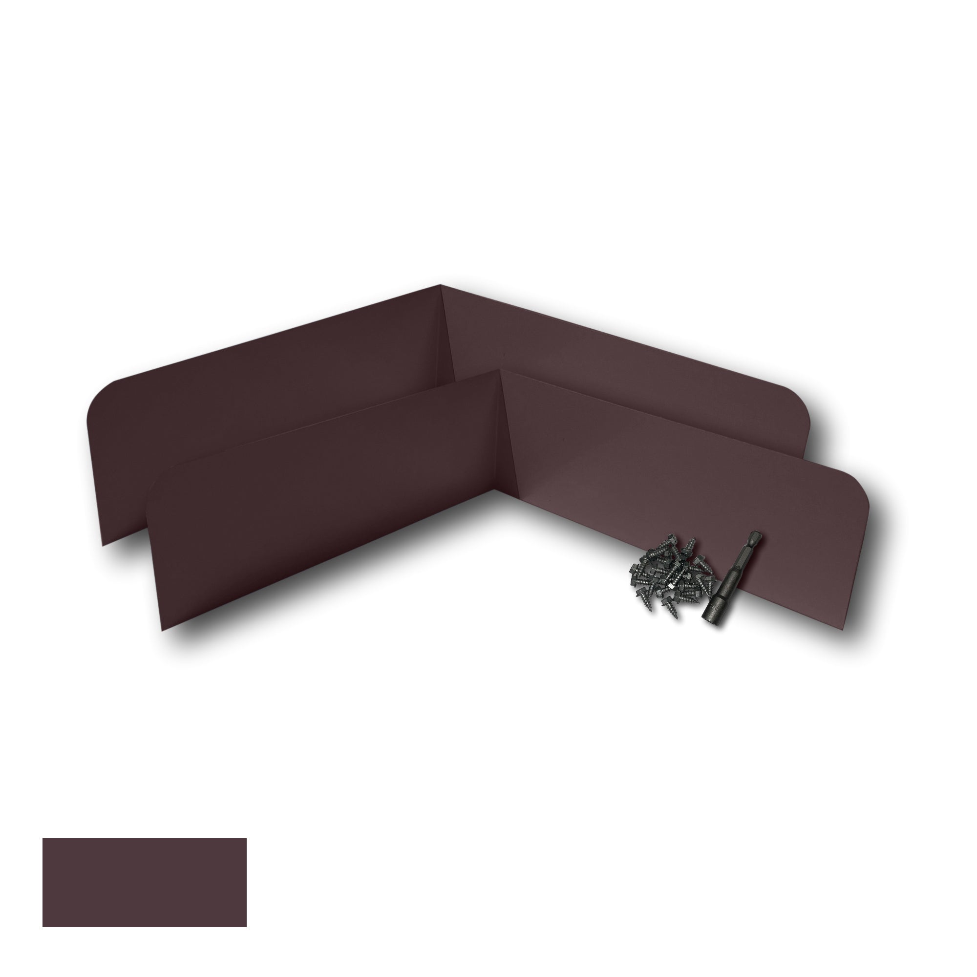 Two Rain Gutter Valley Splash Guards displayed with several sheet metal screws and a magnetic hex bit driver. There is a color swatch in the bottom left corner. The Splash Guards are Classic Bent in size, and Royal Brown in color.