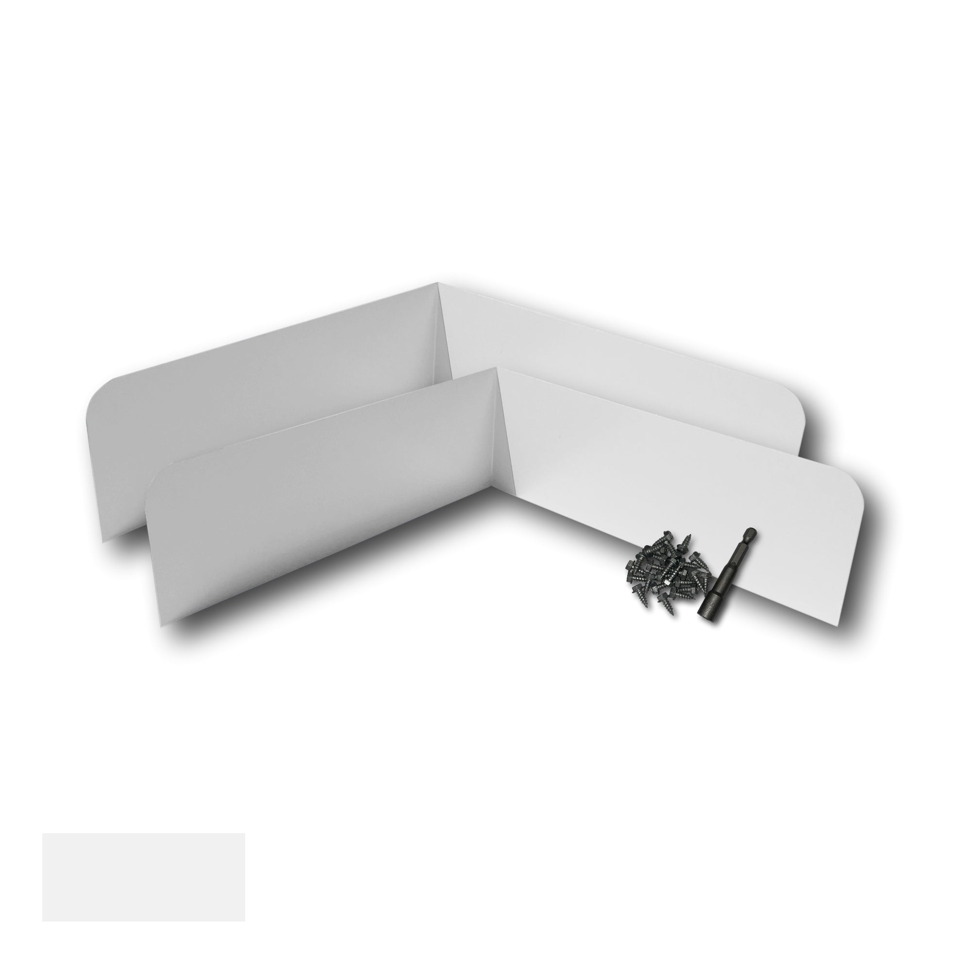 Two Rain Gutter Valley Splash Guards displayed with several sheet metal screws and a magnetic hex bit driver. There is a color swatch in the bottom left corner. The Splash Guards are Classic Bent in size, and White in color.
