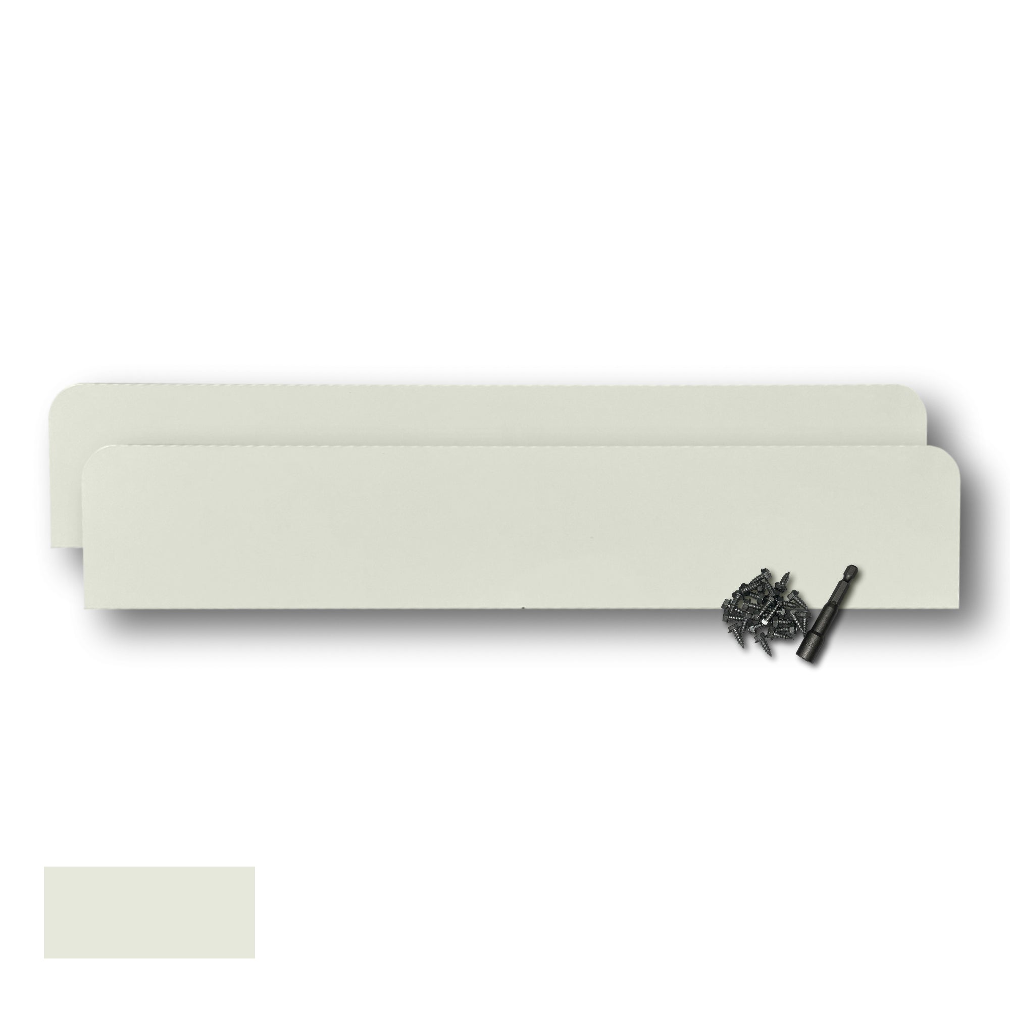Two Rain Gutter Valley Splash Guards displayed with several sheet metal screws and a magnetic hex bit driver. There is a color swatch in the bottom left corner. The Splash Guards are Classic Straight in size, and Almond in color.