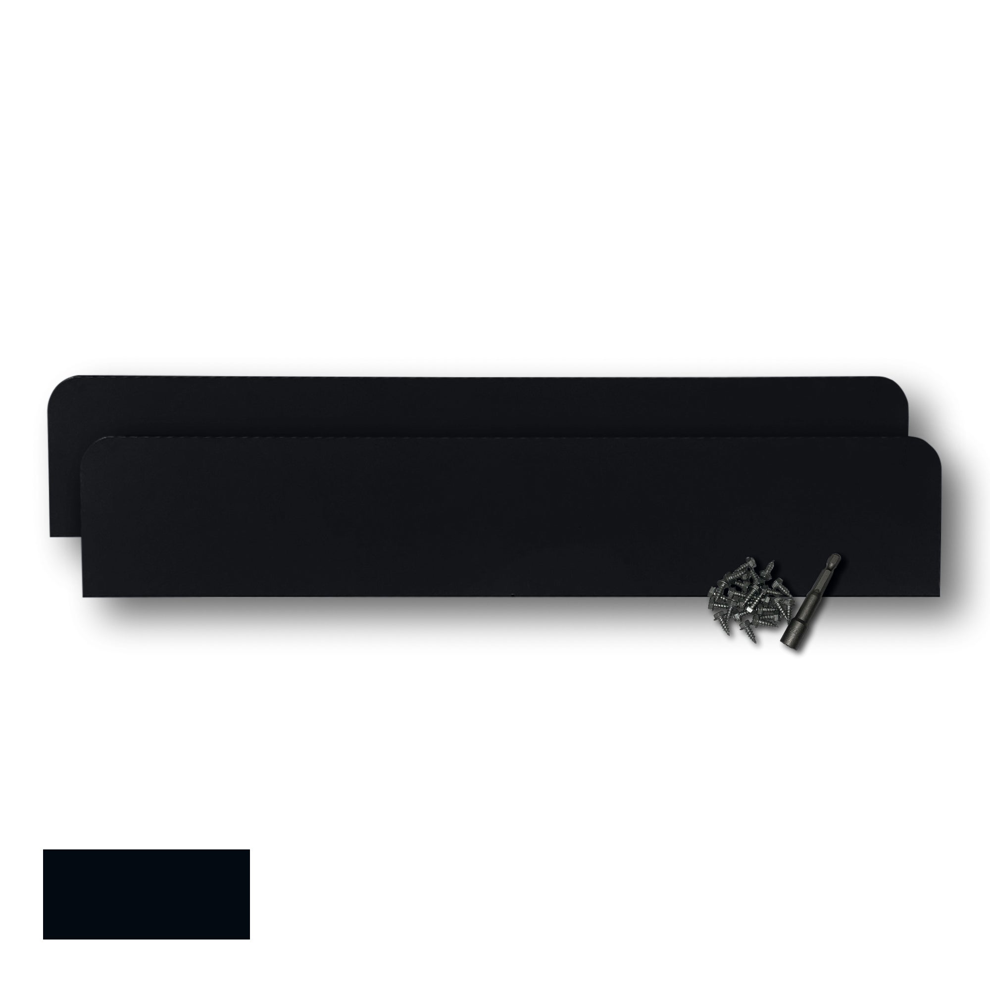 Two Rain Gutter Valley Splash Guards displayed with several sheet metal screws and a magnetic hex bit driver. There is a color swatch in the bottom left corner. The Splash Guards are Classic Straight in size, and Black in color.