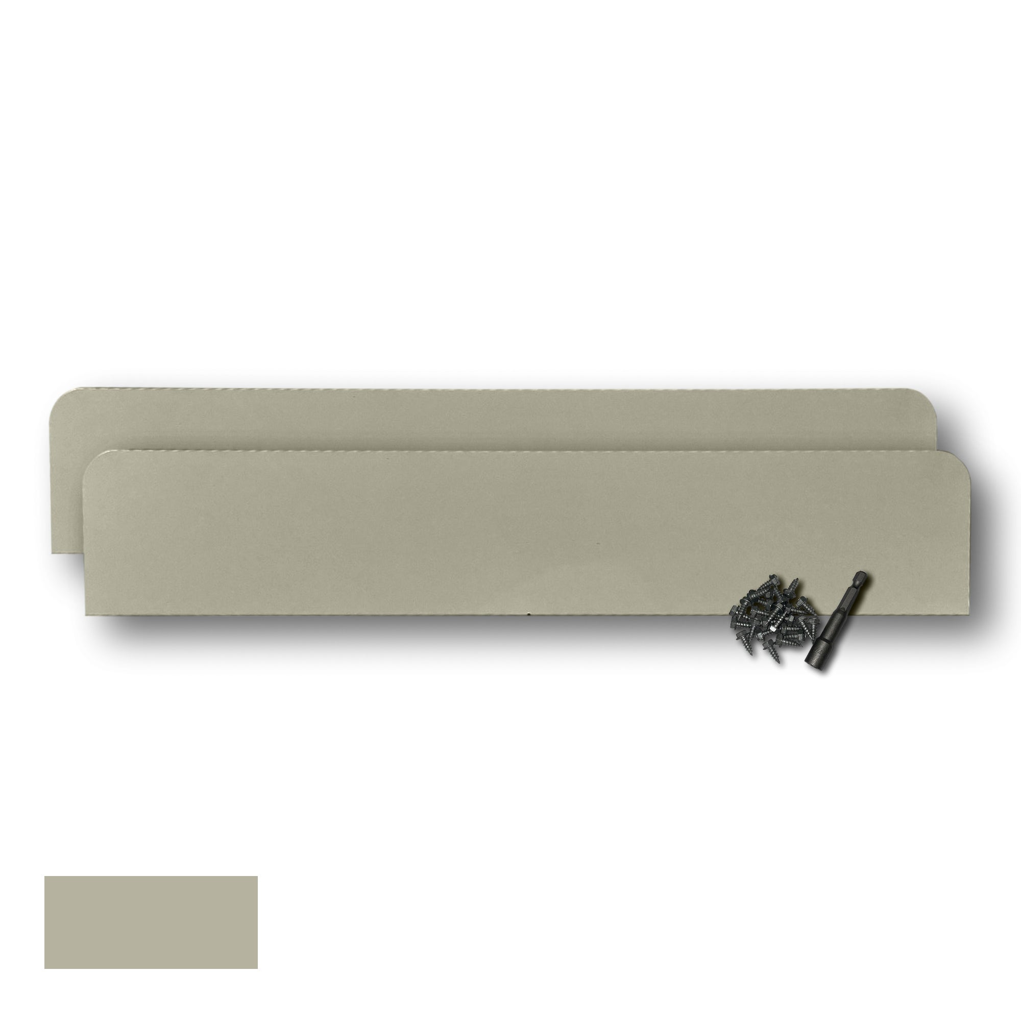 Two Rain Gutter Valley Splash Guards displayed with several sheet metal screws and a magnetic hex bit driver. There is a color swatch in the bottom left corner. The Splash Guards are Classic Straight in size, and Clay in color.