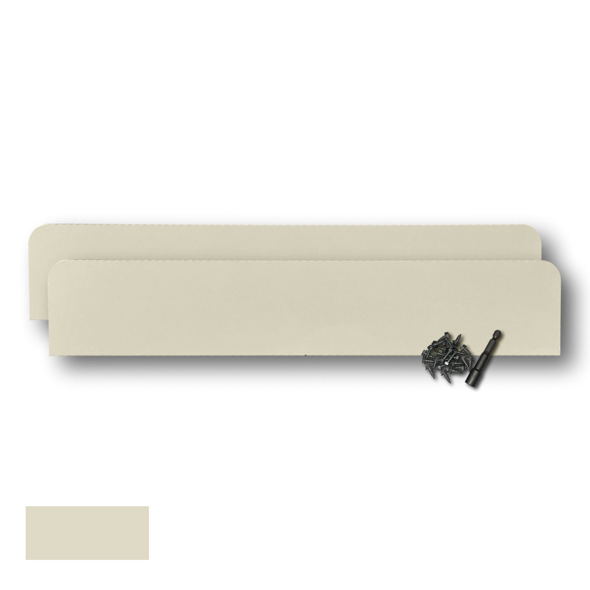 Two Rain Gutter Valley Splash Guards displayed with several sheet metal screws and a magnetic hex bit driver. There is a color swatch in the bottom left corner. The Splash Guards are Classic Straight in size, and Cream in color.
