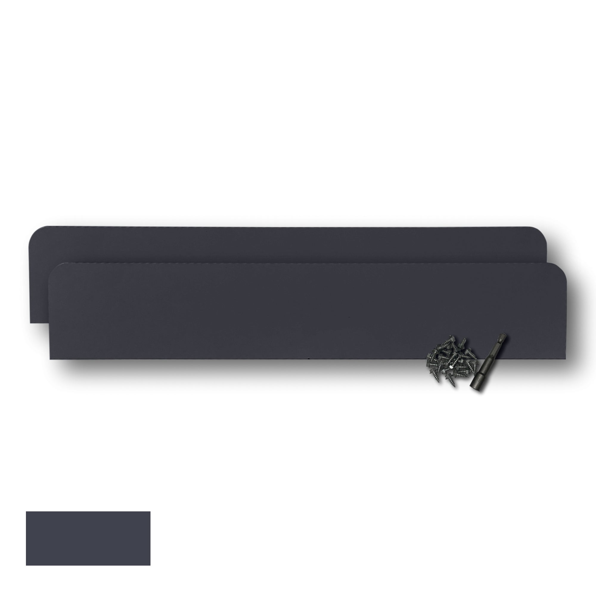 Two Rain Gutter Valley Splash Guards displayed with several sheet metal screws and a magnetic hex bit driver. There is a color swatch in the bottom left corner. The Splash Guards are Classic Straight in size, and Dark Bronze in color.