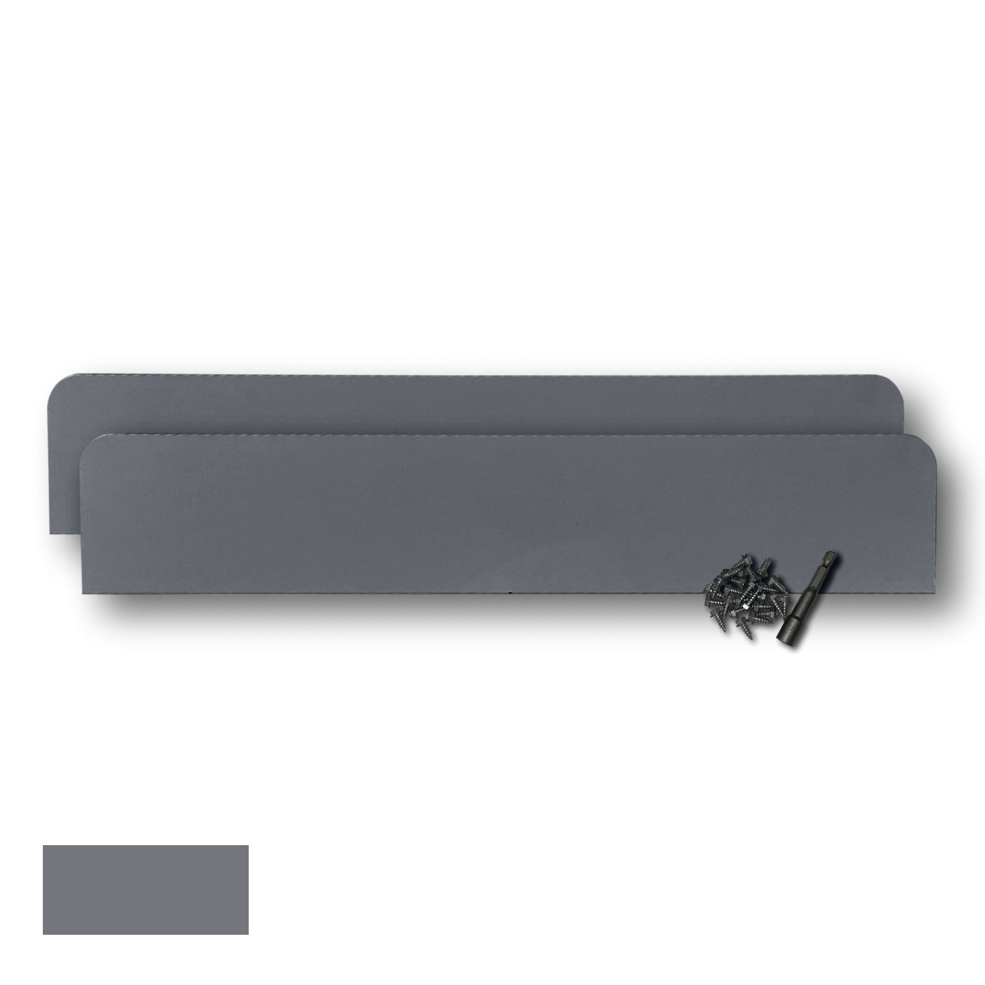 Two Rain Gutter Valley Splash Guards displayed with several sheet metal screws and a magnetic hex bit driver. There is a color swatch in the bottom left corner. The Splash Guards are Classic Straight in size, and Dark Gray in color.