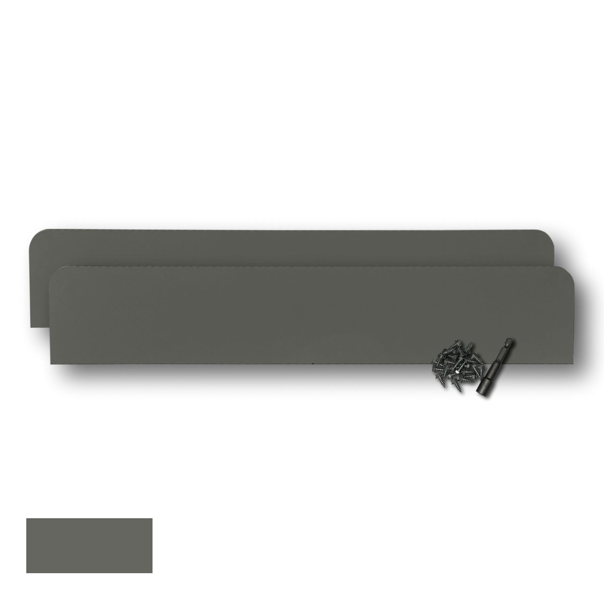 Two Rain Gutter Valley Splash Guards displayed with several sheet metal screws and a magnetic hex bit driver. There is a color swatch in the bottom left corner. The Splash Guards are Classic Straight in size, and Light Bronze in color.