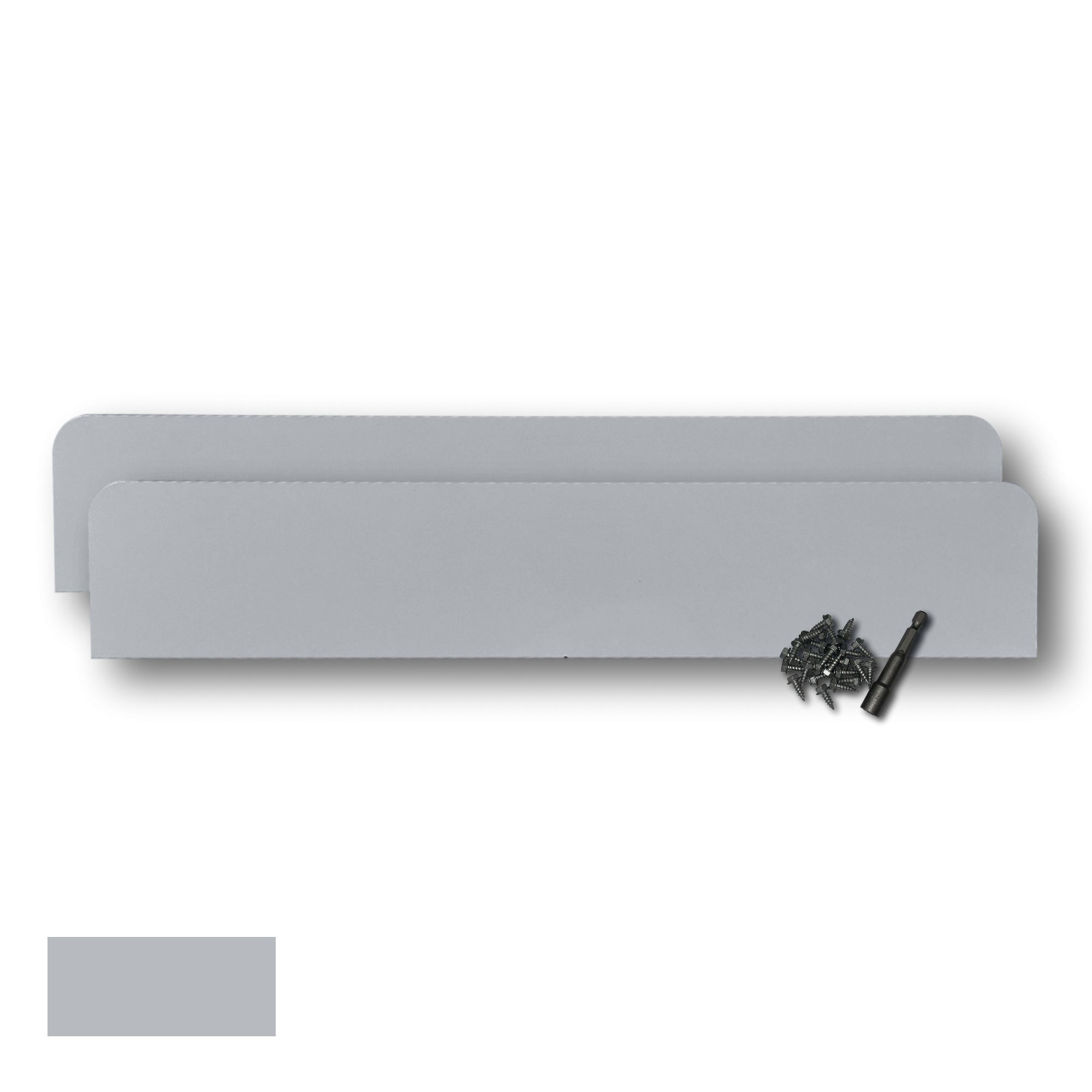 Two Rain Gutter Valley Splash Guards displayed with several sheet metal screws and a magnetic hex bit driver. There is a color swatch in the bottom left corner. The Splash Guards are Classic Straight in size, and Light Gray in color.