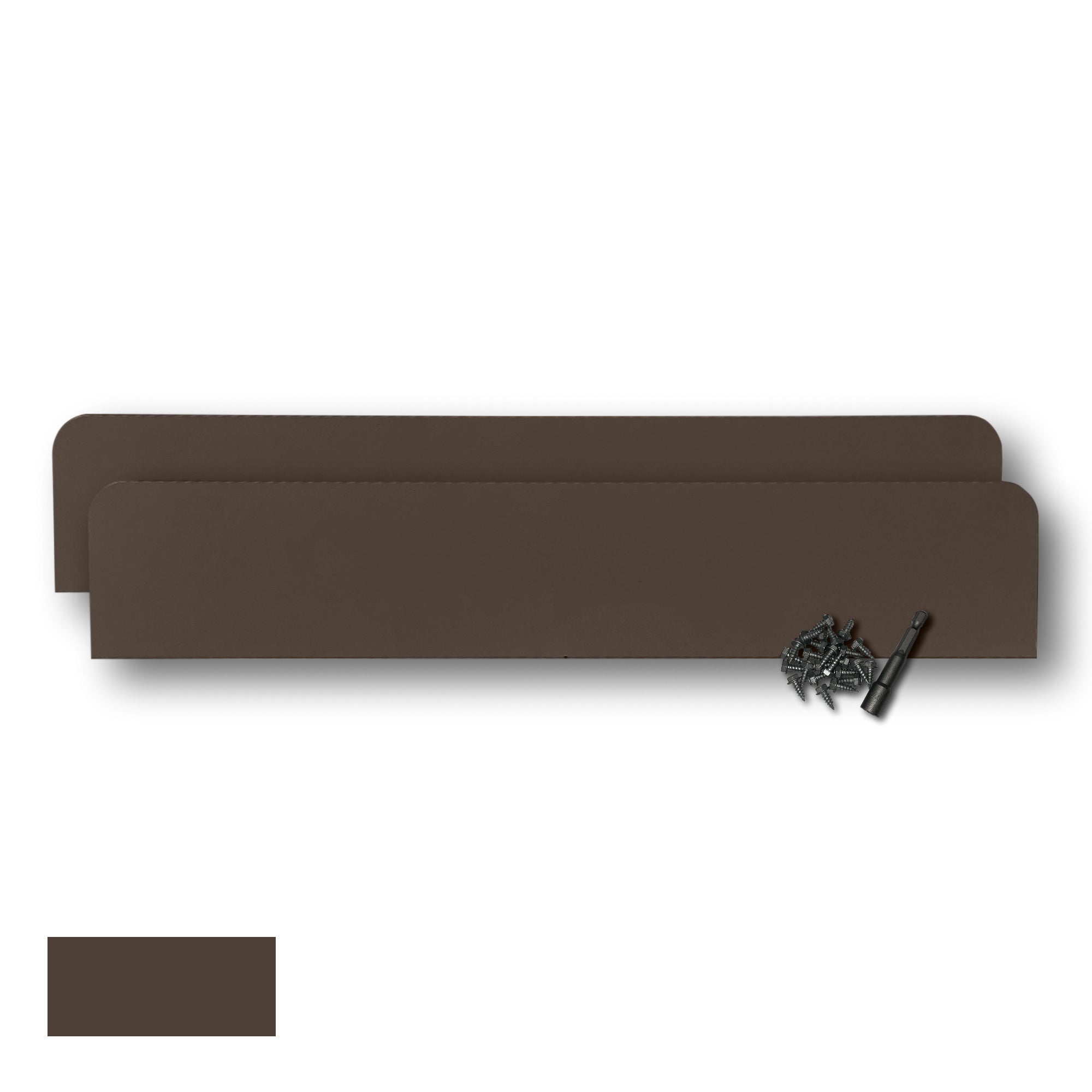 Two Rain Gutter Valley Splash Guards displayed with several sheet metal screws and a magnetic hex bit driver. There is a color swatch in the bottom left corner. The Splash Guards are Classic Straight in size, and Musket Brown in color.