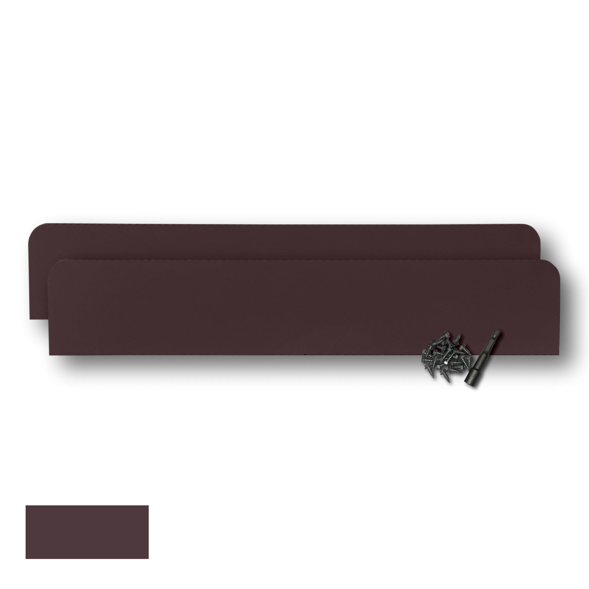 Two Rain Gutter Valley Splash Guards displayed with several sheet metal screws and a magnetic hex bit driver. There is a color swatch in the bottom left corner. The Splash Guards are Classic Straight in size, and Royal Brown in color.
