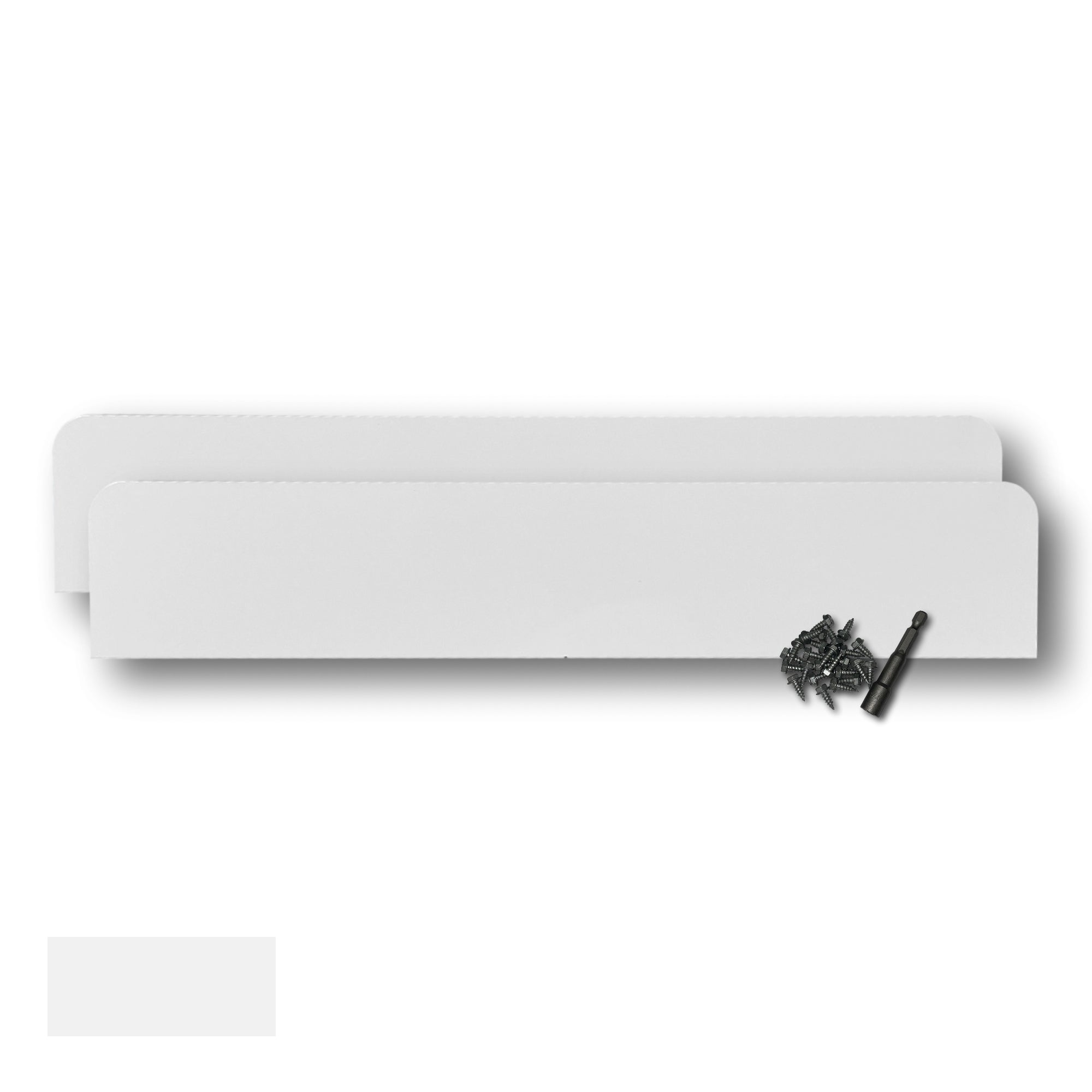 Two Rain Gutter Valley Splash Guards displayed with several sheet metal screws and a magnetic hex bit driver. There is a color swatch in the bottom left corner. The Splash Guards are Classic Straight in size, and White in color.