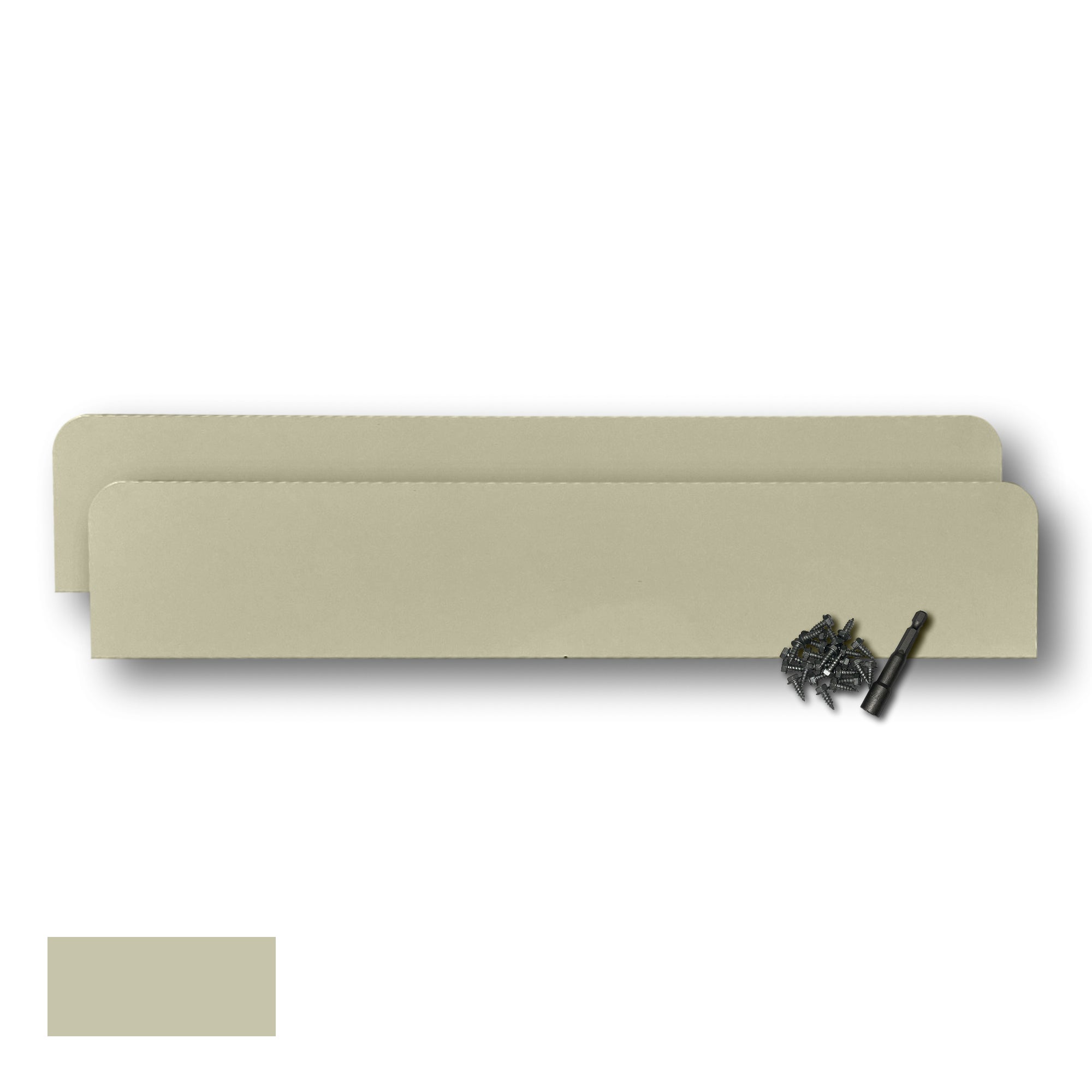 Two Rain Gutter Valley Splash Guards displayed with several sheet metal screws and a magnetic hex bit driver. There is a color swatch in the bottom left corner. The Splash Guards are Classic Straight in size, and Wicker in color.