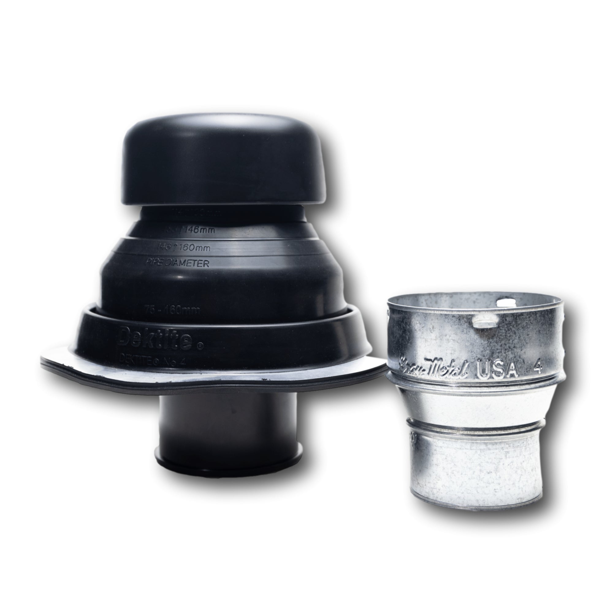 A Co-Vent Exhaust Fan Vent flashing boot that features a long bottom flange for attaching to flex hoses, and an adapter for 3 inch flex pipes. The vent flashing is Black in color.