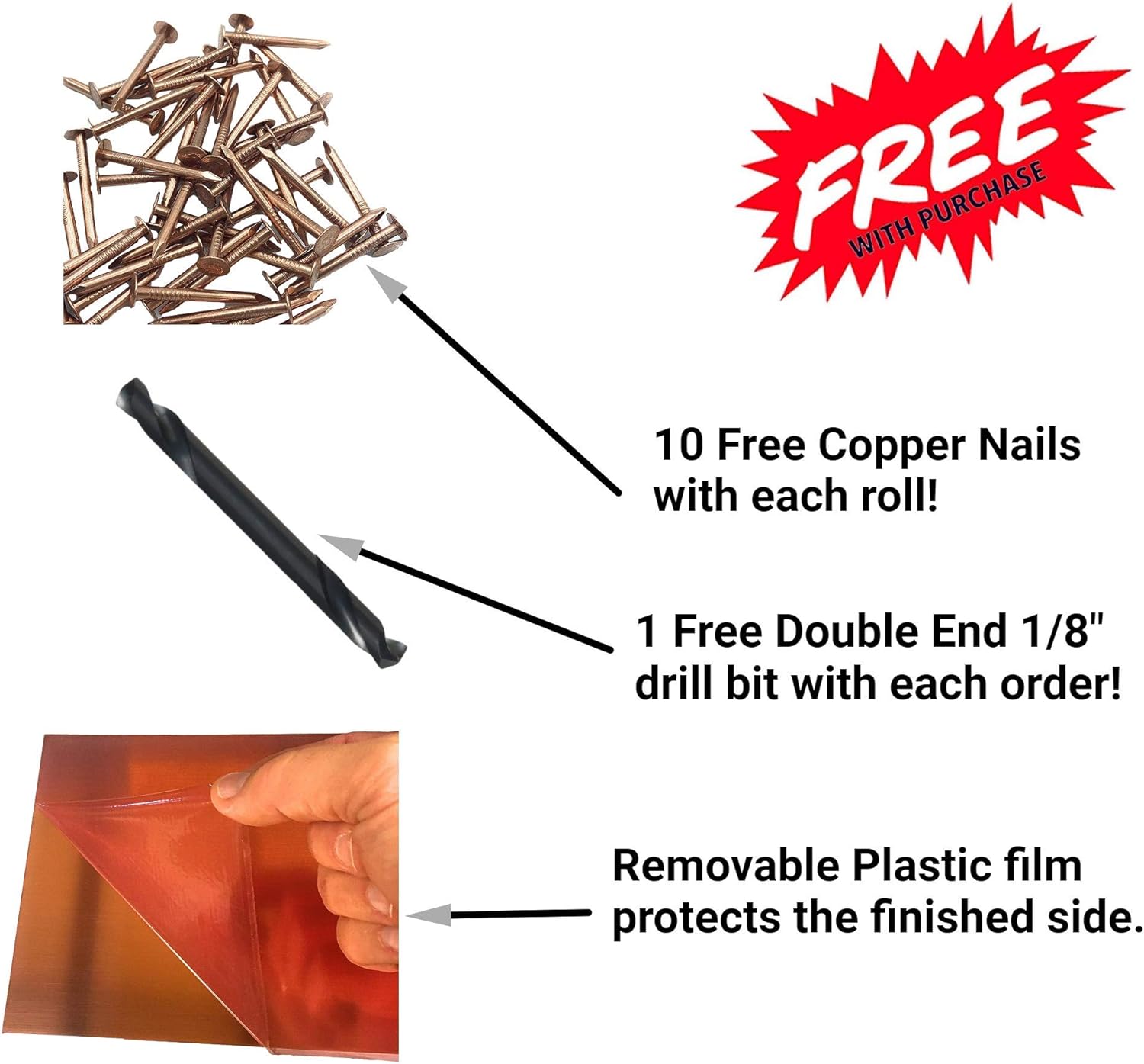 An infographic showing the included 10 Free Copper Nails with each roll, 1 Free Double End 1/8 inch drill bit, and the removable plastic film that protects the finished side of the material.