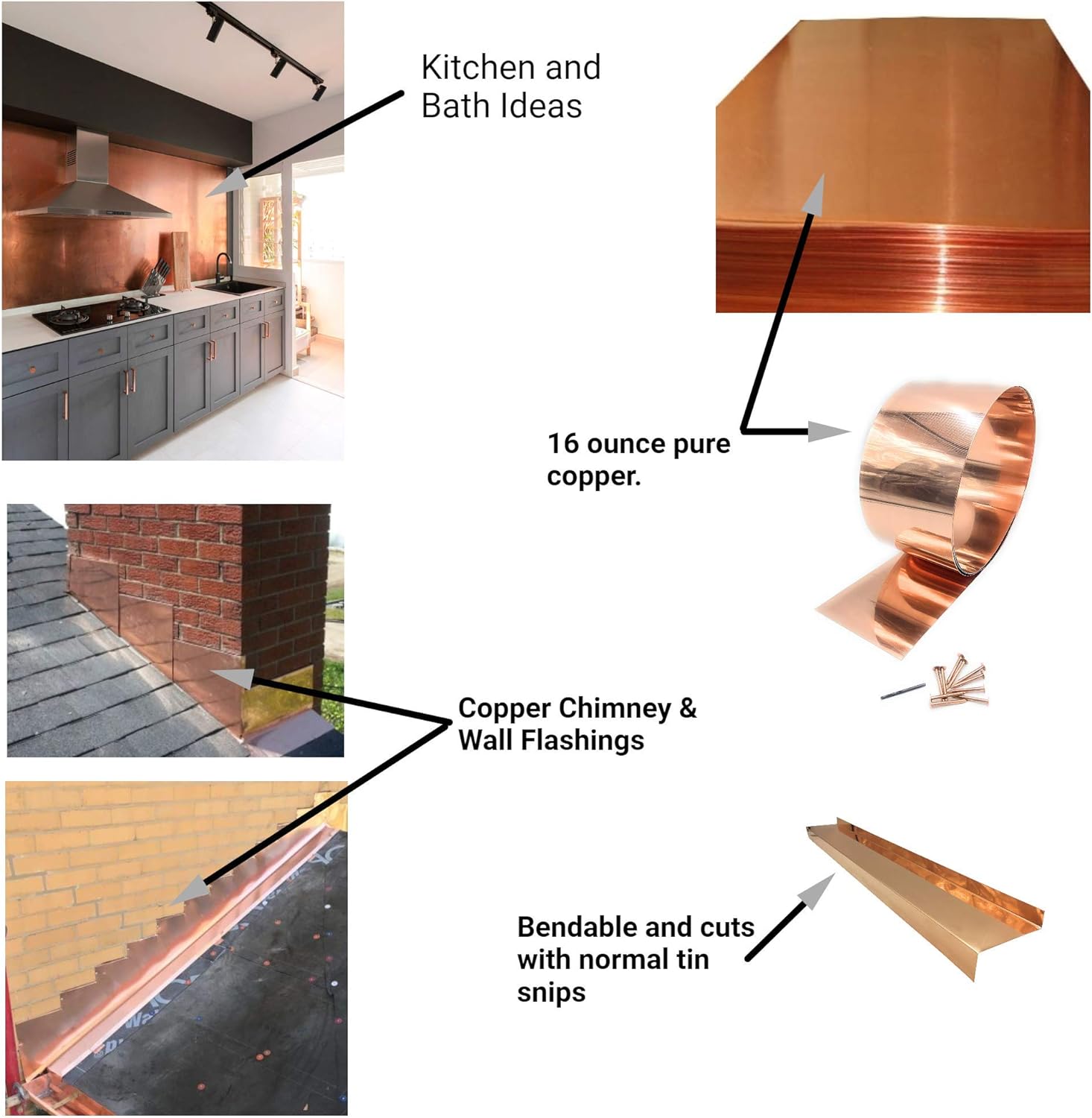 An infographic showing the different applications in which the 16 Ounce pure Copper Flashing can be used, such as Kitchen and Bath ideas and Copper Chimney and Wall Flashings.  There is also a note that the flashing is bendable and cuts with normal tin snips.