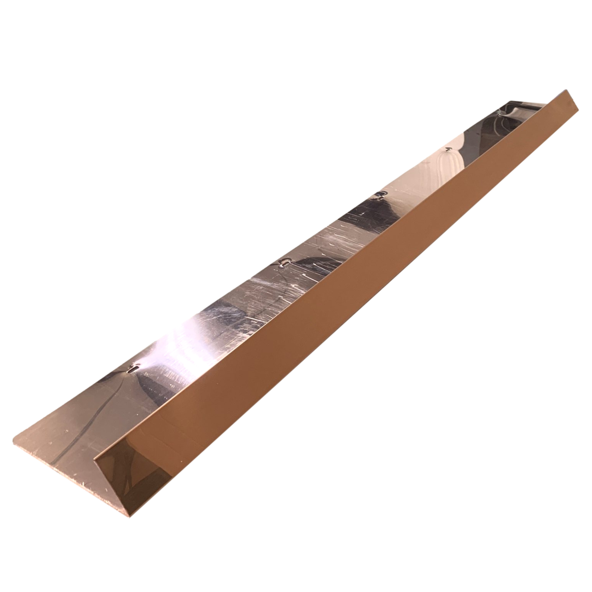A shingle roof rain diverter that is meant to install over door ways and windows to divert rain water. The rain diverter is made of 16 ounce pure copper.