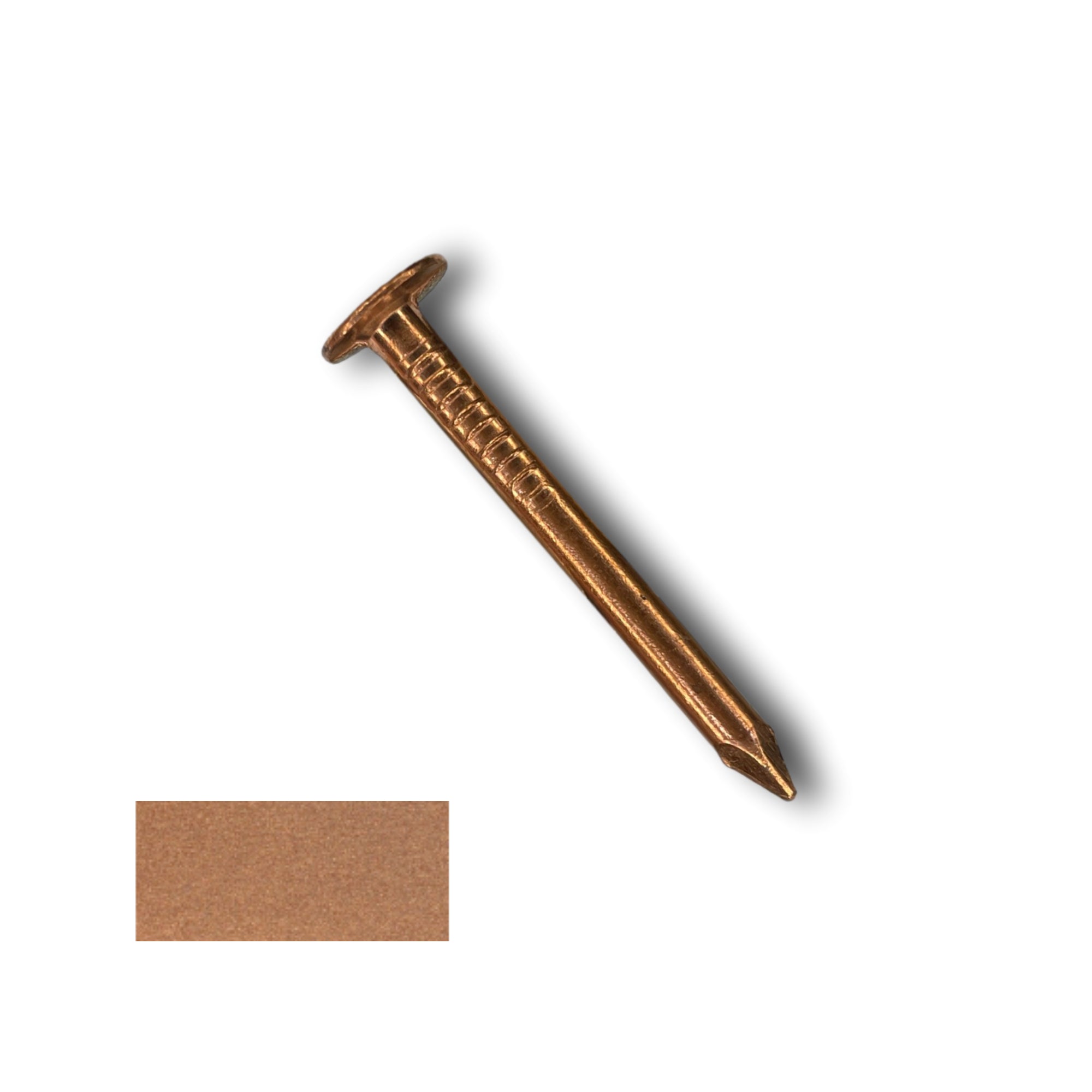 A 1.5 inch long Copper Roofing Nail for use in metal and shingle roofing applications. There is a copper color swatch in the bottom left corner.