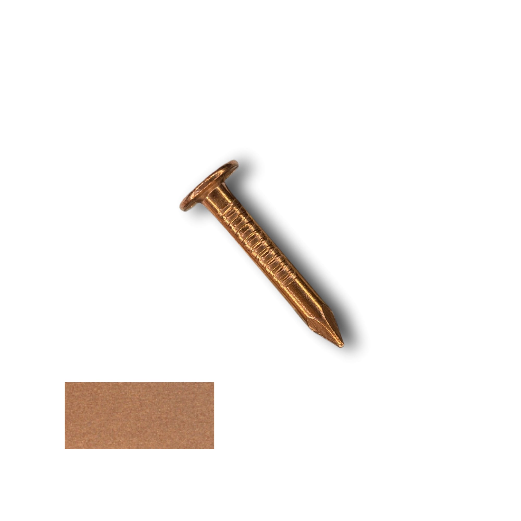 A 1 inch long Copper Roofing Nail for use in metal and shingle roofing applications. There is a copper color swatch in the bottom left corner.
