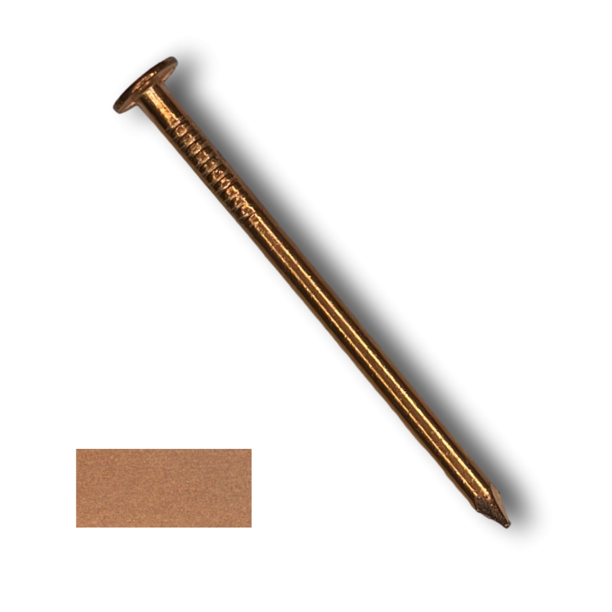 A 2.5 inch long Copper Roofing Nail for use in metal and shingle roofing applications. There is a copper color swatch in the bottom left corner.